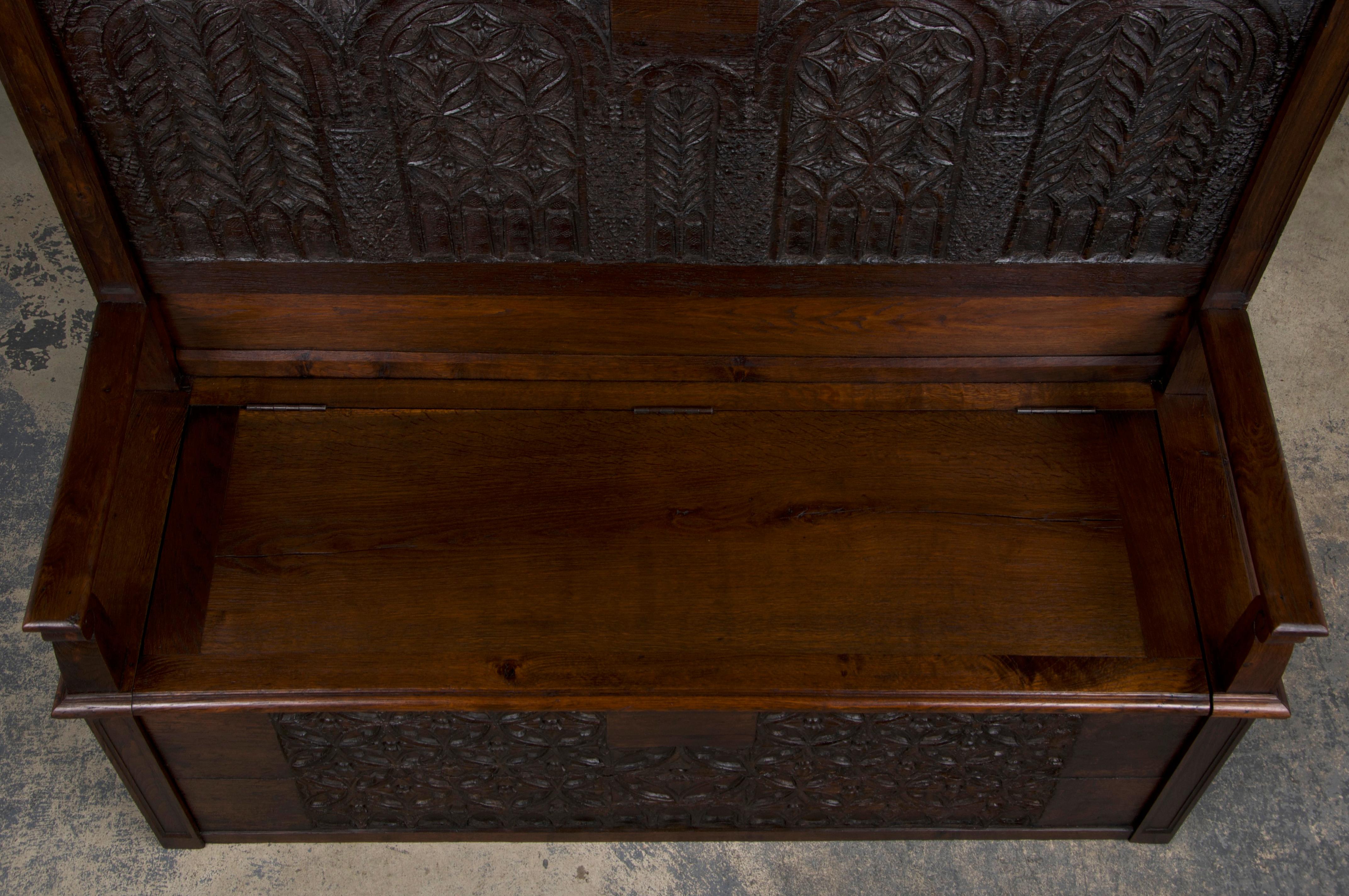 Antique French Gothic Revival Carved Oak Hall Bench W/ Cushion 1