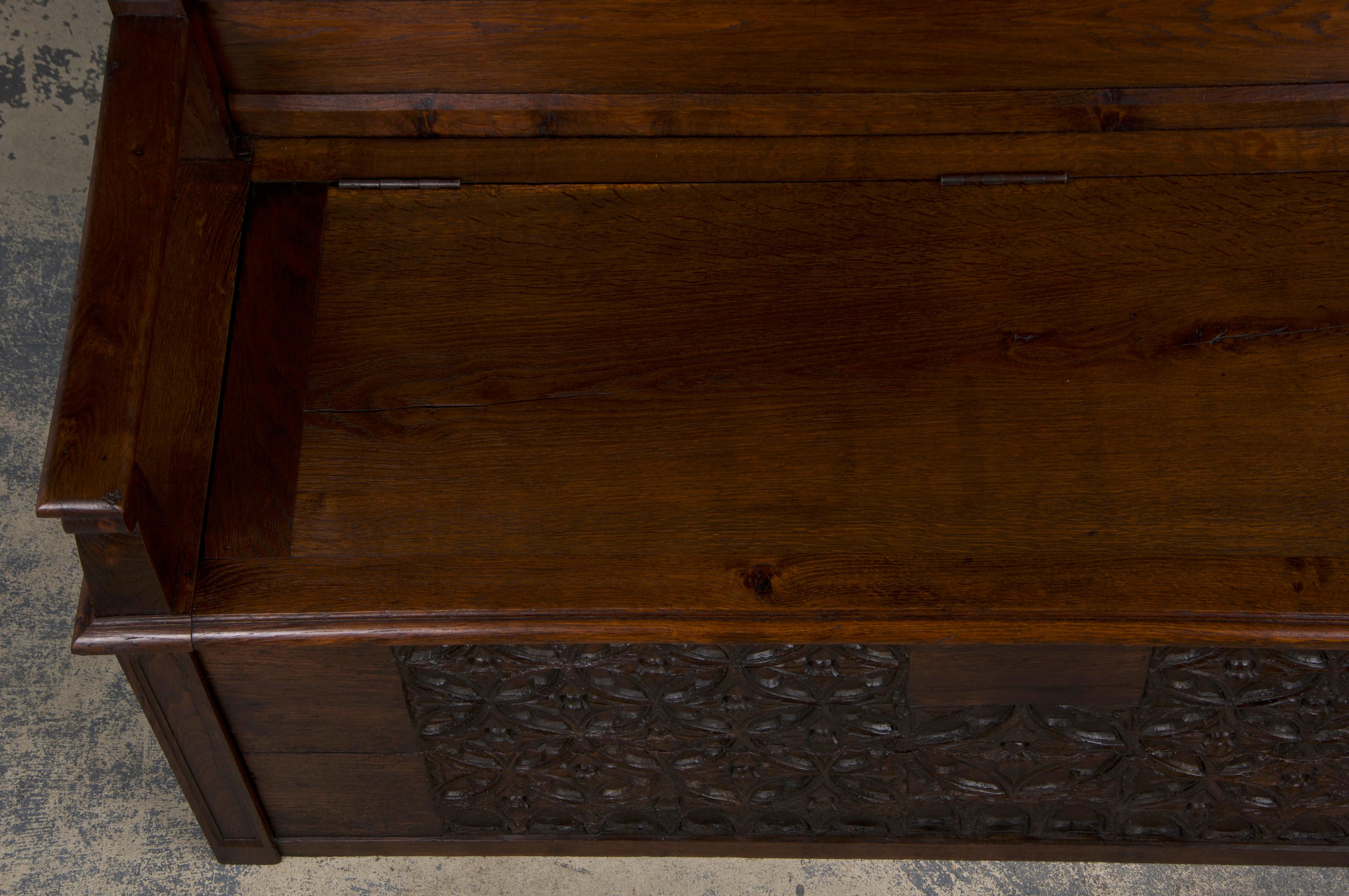 Antique French Gothic Revival Carved Oak Hall Bench W/ Cushion 2