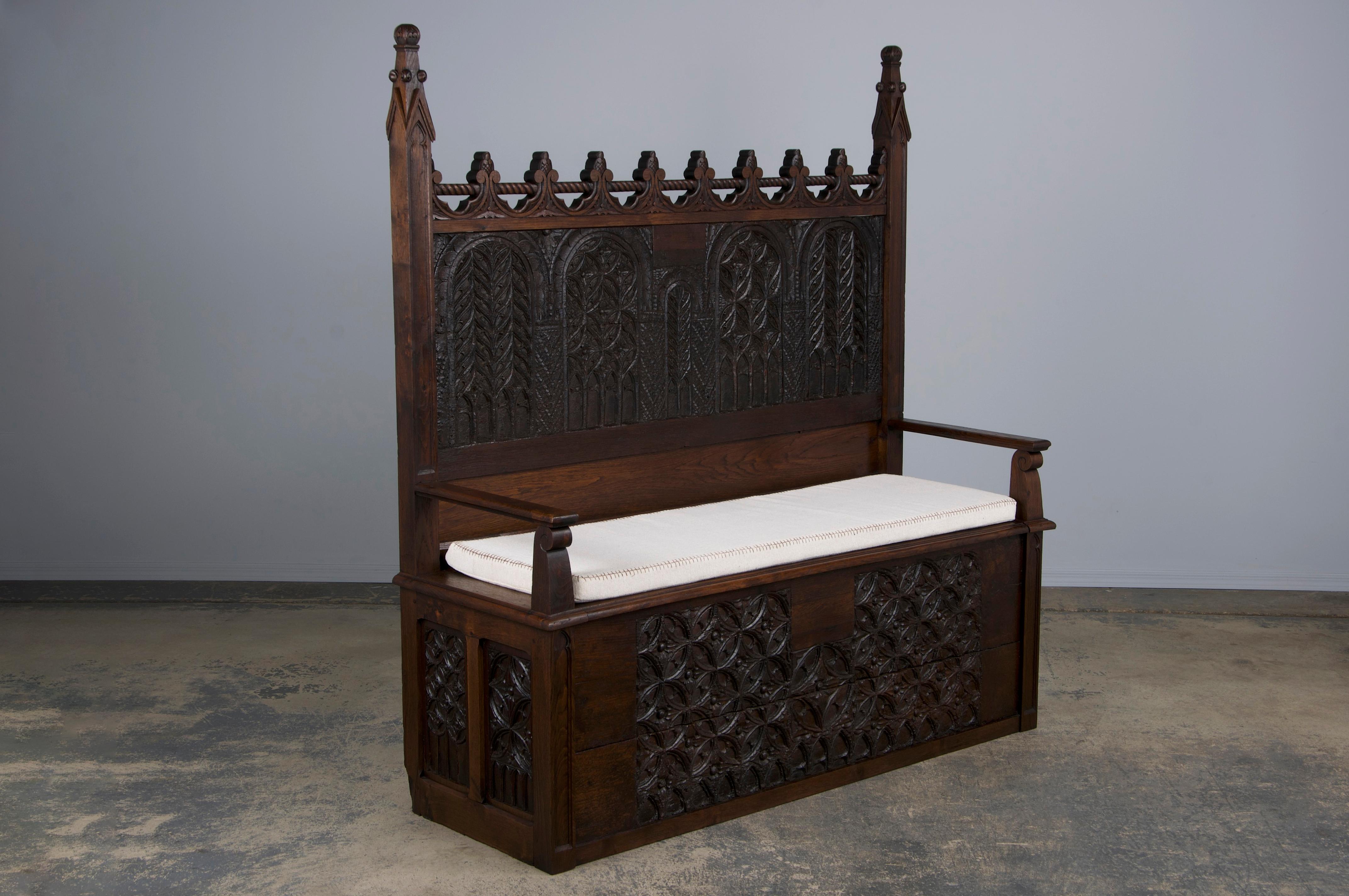 Antique French Gothic Revival Carved Oak Hall Bench W/ Cushion 3