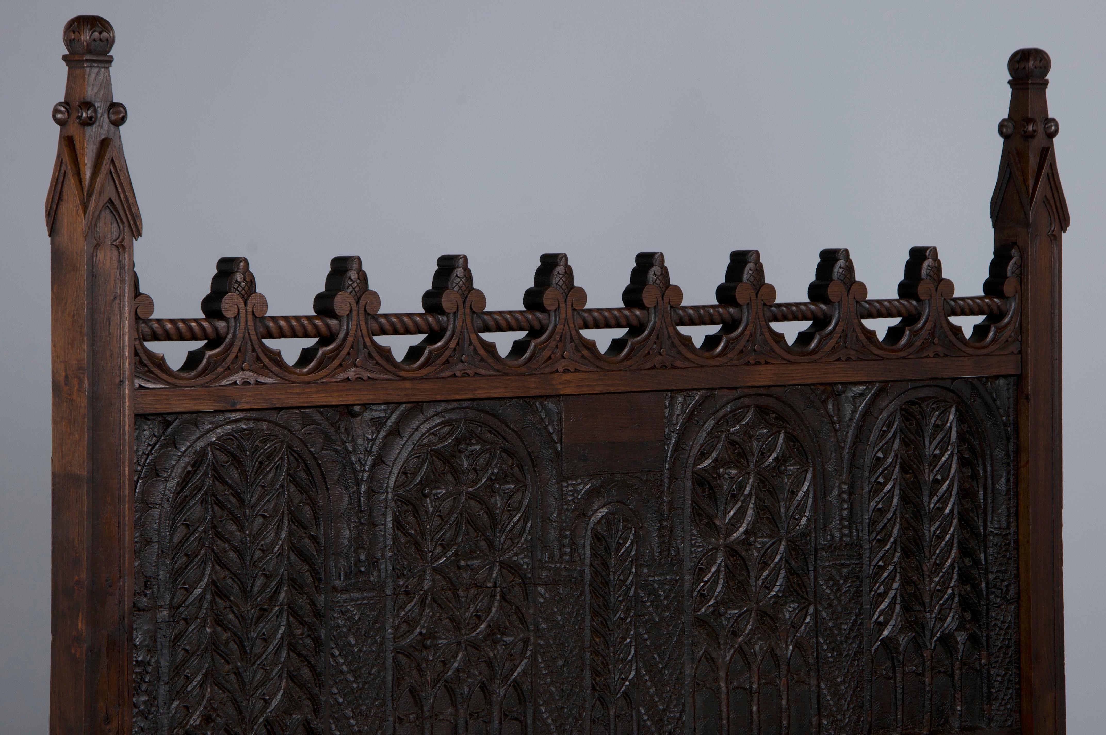 Antique French Gothic Revival Carved Oak Hall Bench W/ Cushion 4