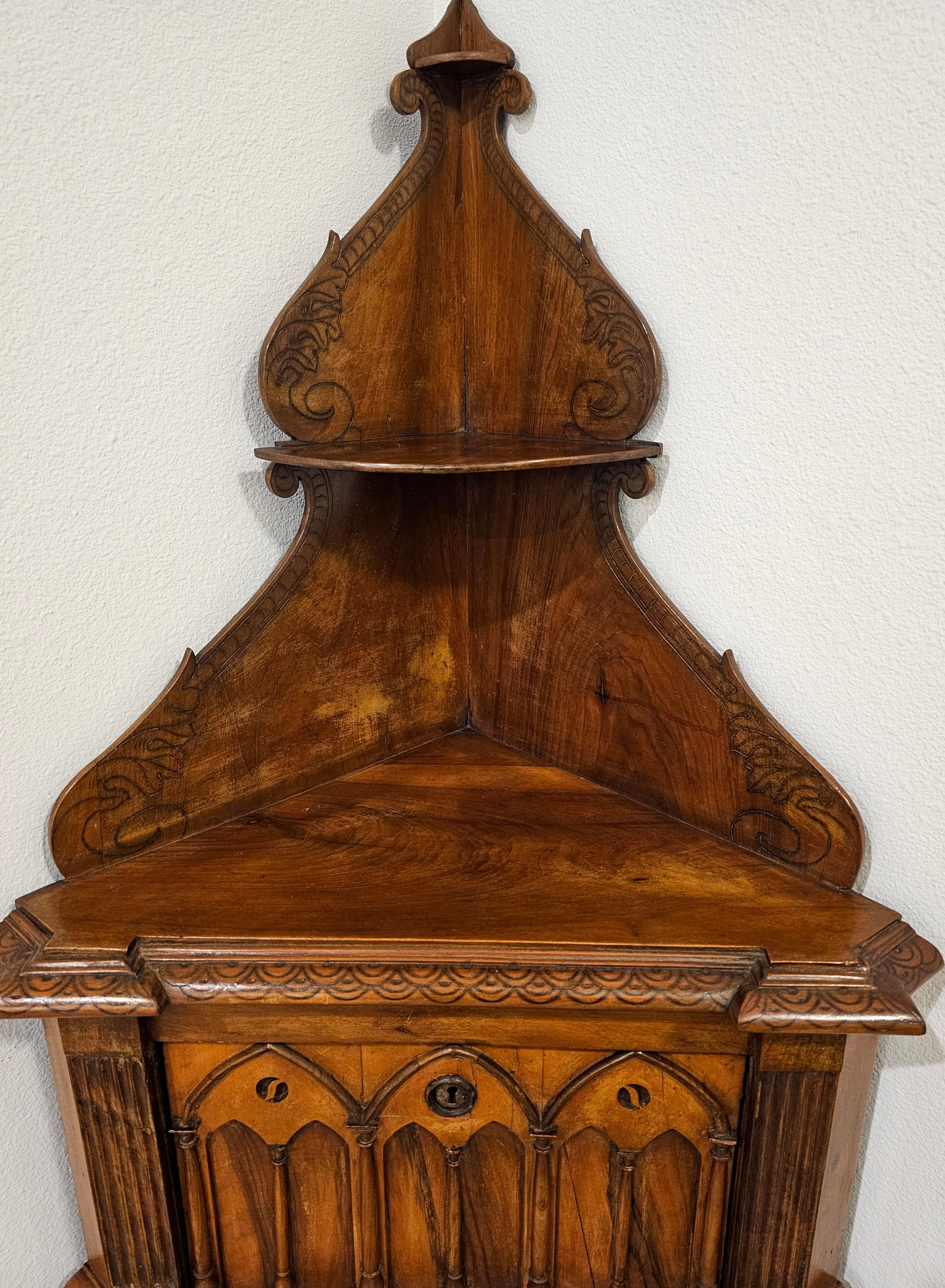 Antique French Gothic Revival Carved Burled Walnut Corner Cabinet For Sale 3