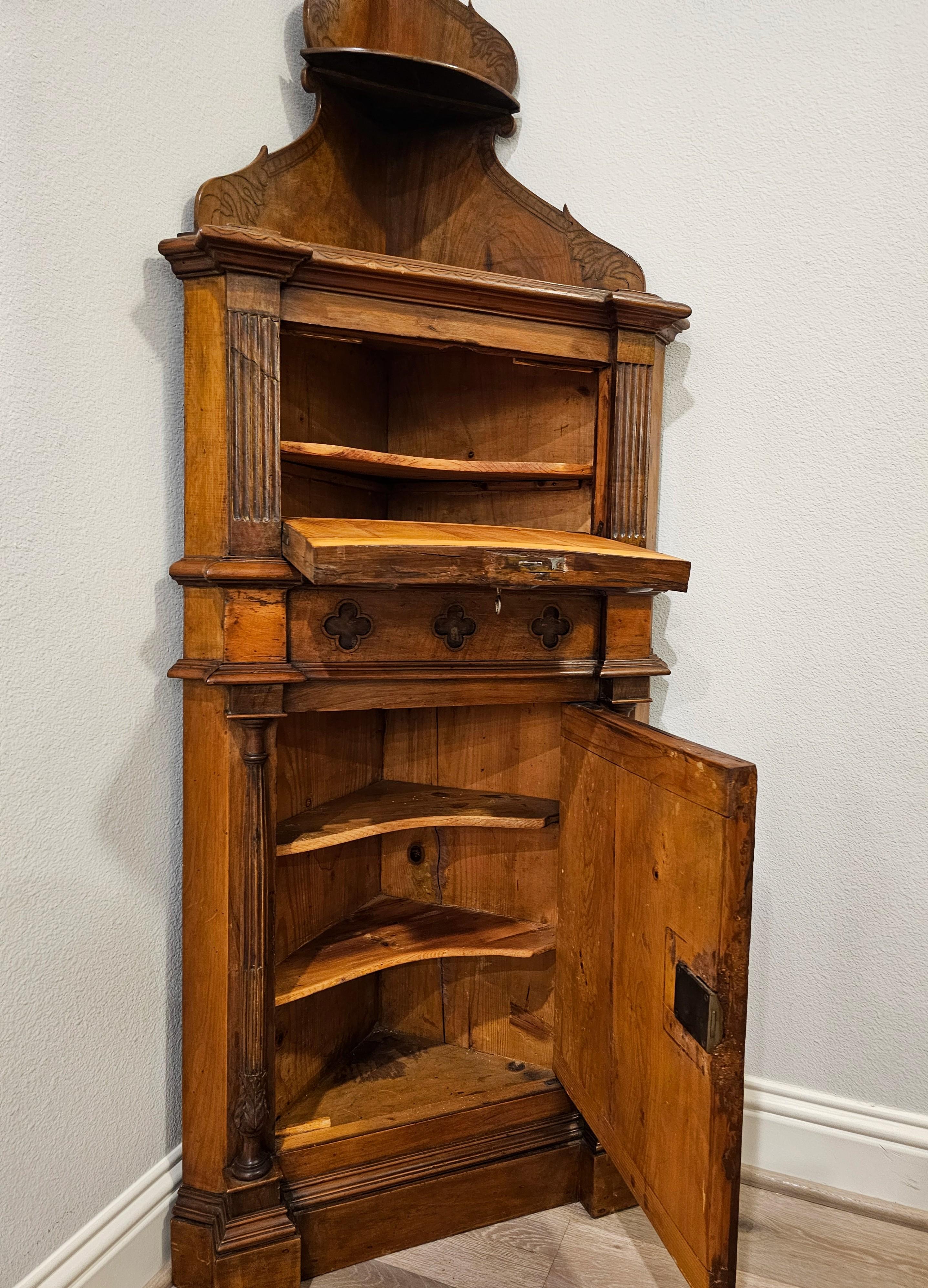 Antique French Gothic Revival Carved Burled Walnut Corner Cabinet For Sale 6