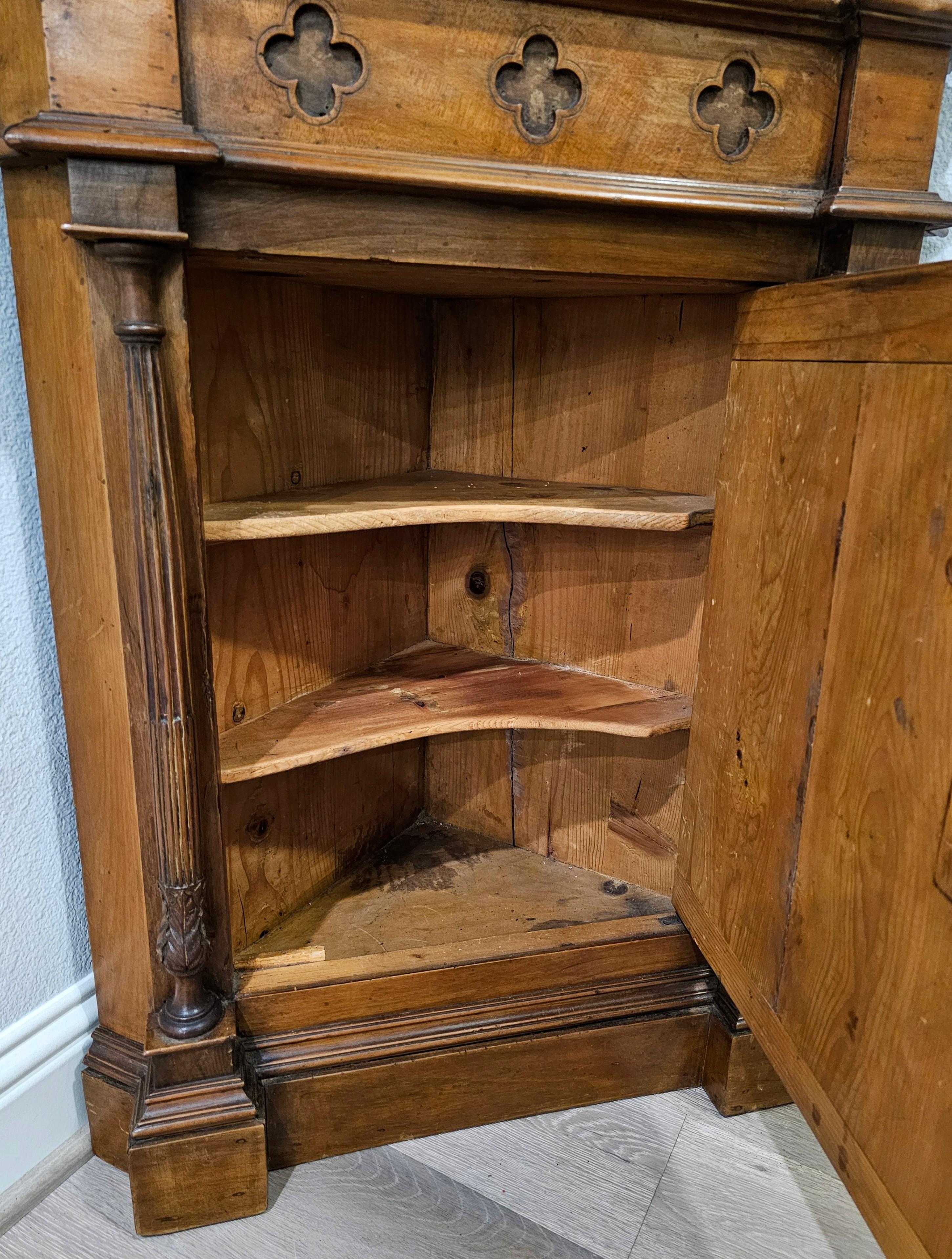 Antique French Gothic Revival Carved Burled Walnut Corner Cabinet For Sale 9