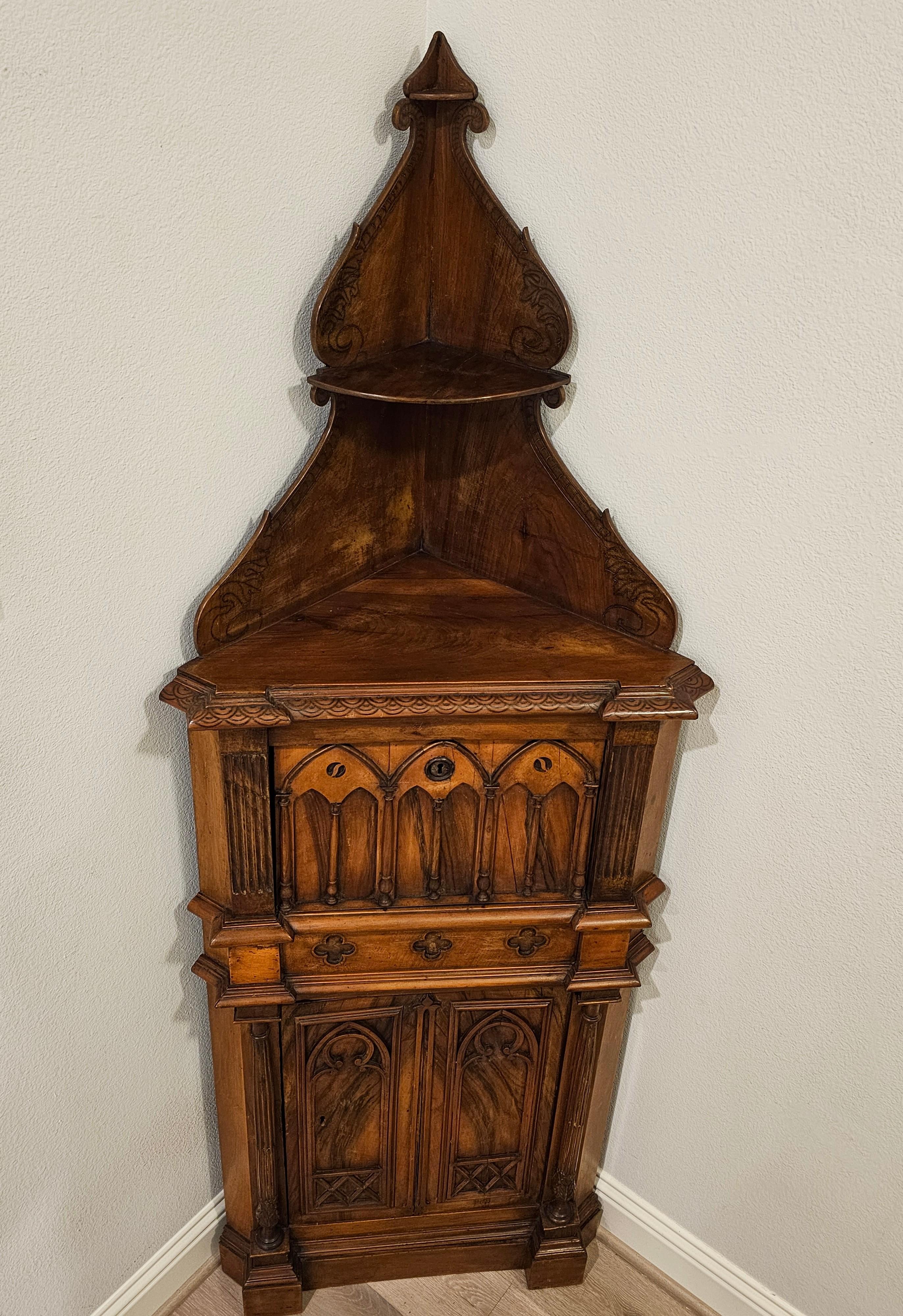 Antique French Gothic Revival Carved Burled Walnut Corner Cabinet For Sale 13