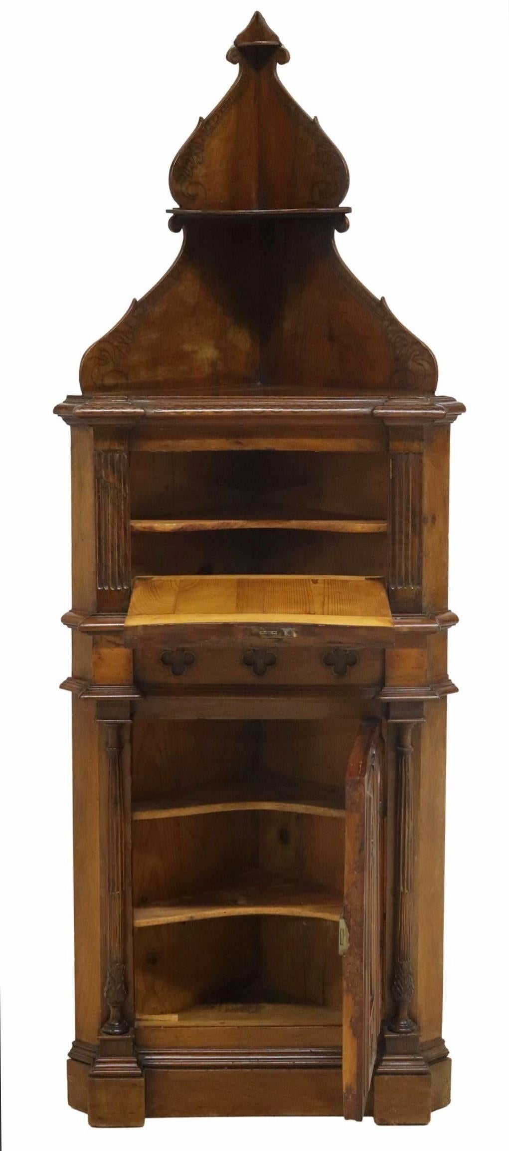Hand-Carved Antique French Gothic Revival Carved Burled Walnut Corner Cabinet For Sale