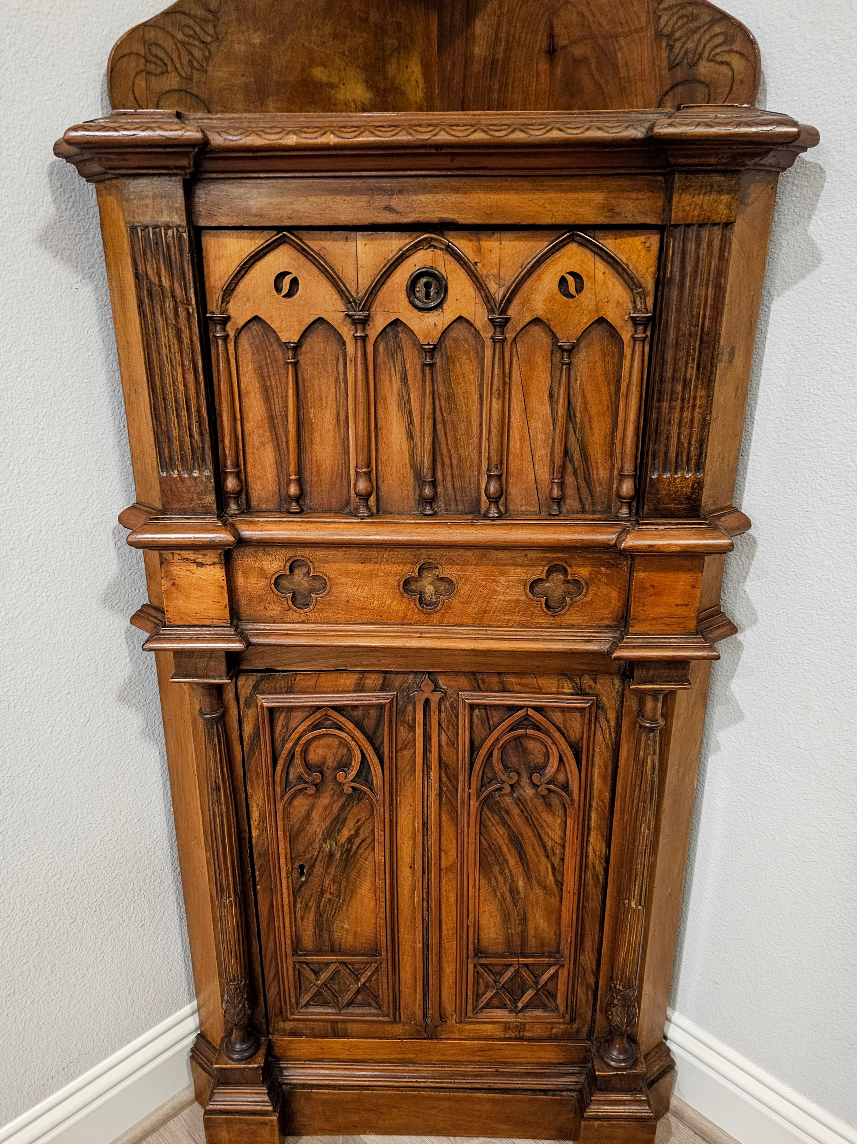 19th Century Antique French Gothic Revival Carved Burled Walnut Corner Cabinet For Sale