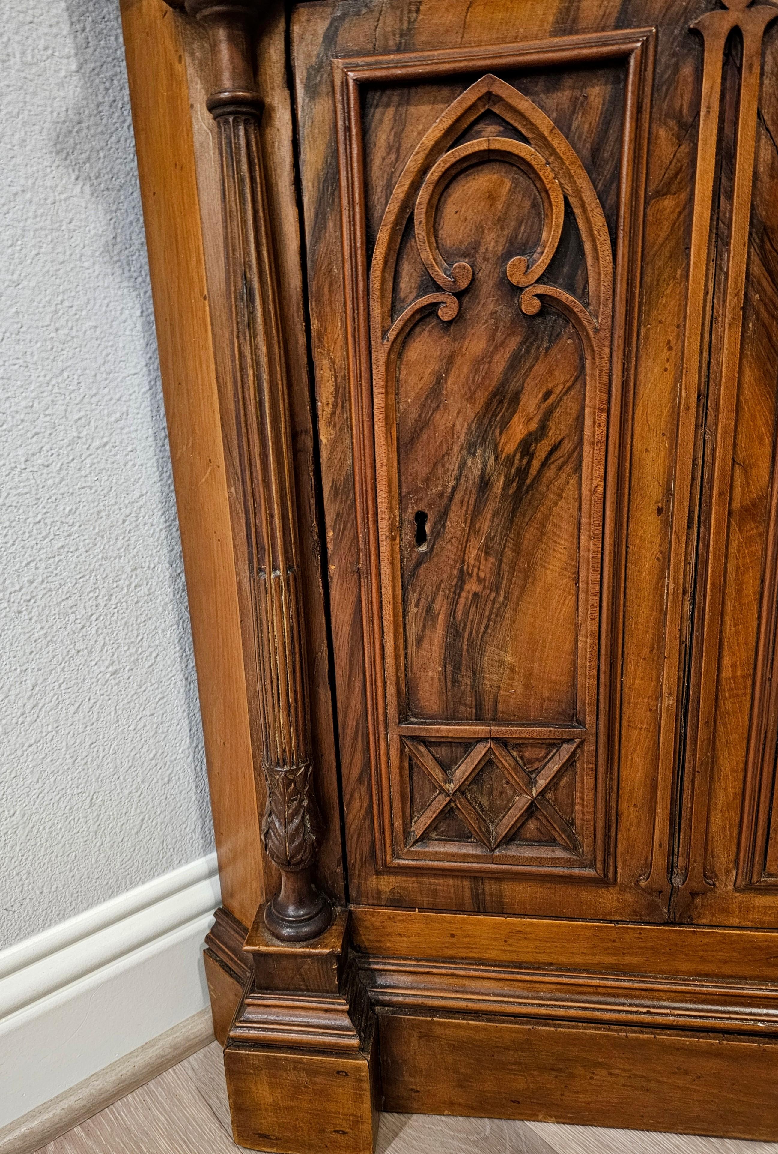 Antique French Gothic Revival Carved Burled Walnut Corner Cabinet For Sale 1