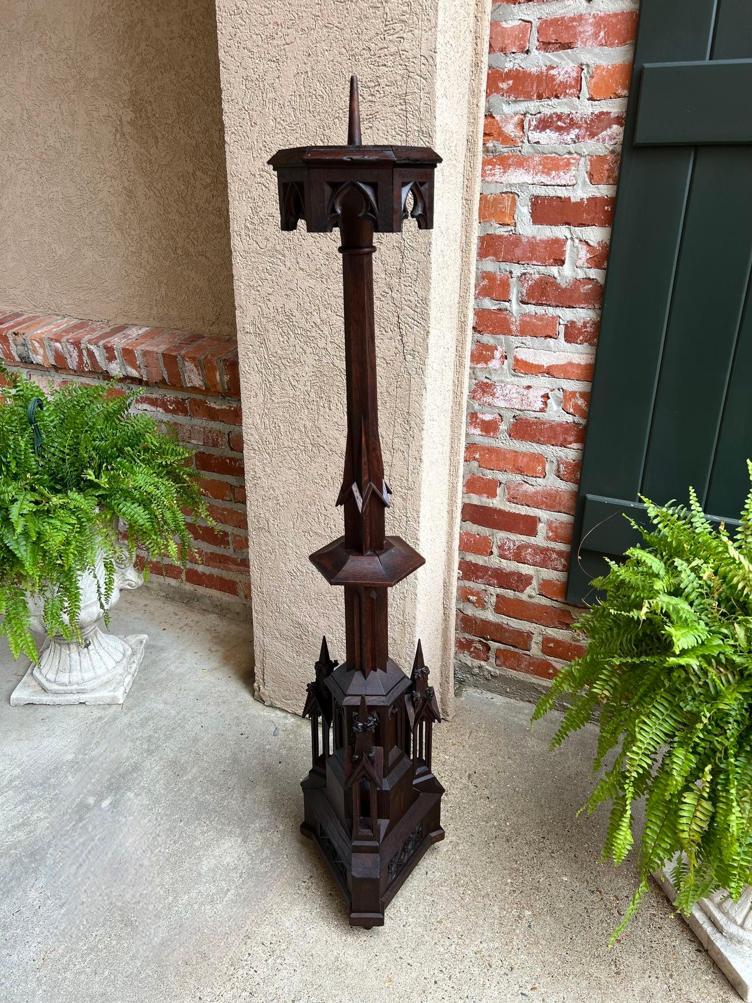 Antique French Gothic Revival Cathedral Spire Candlestick Pricket Carved Oak For Sale 8