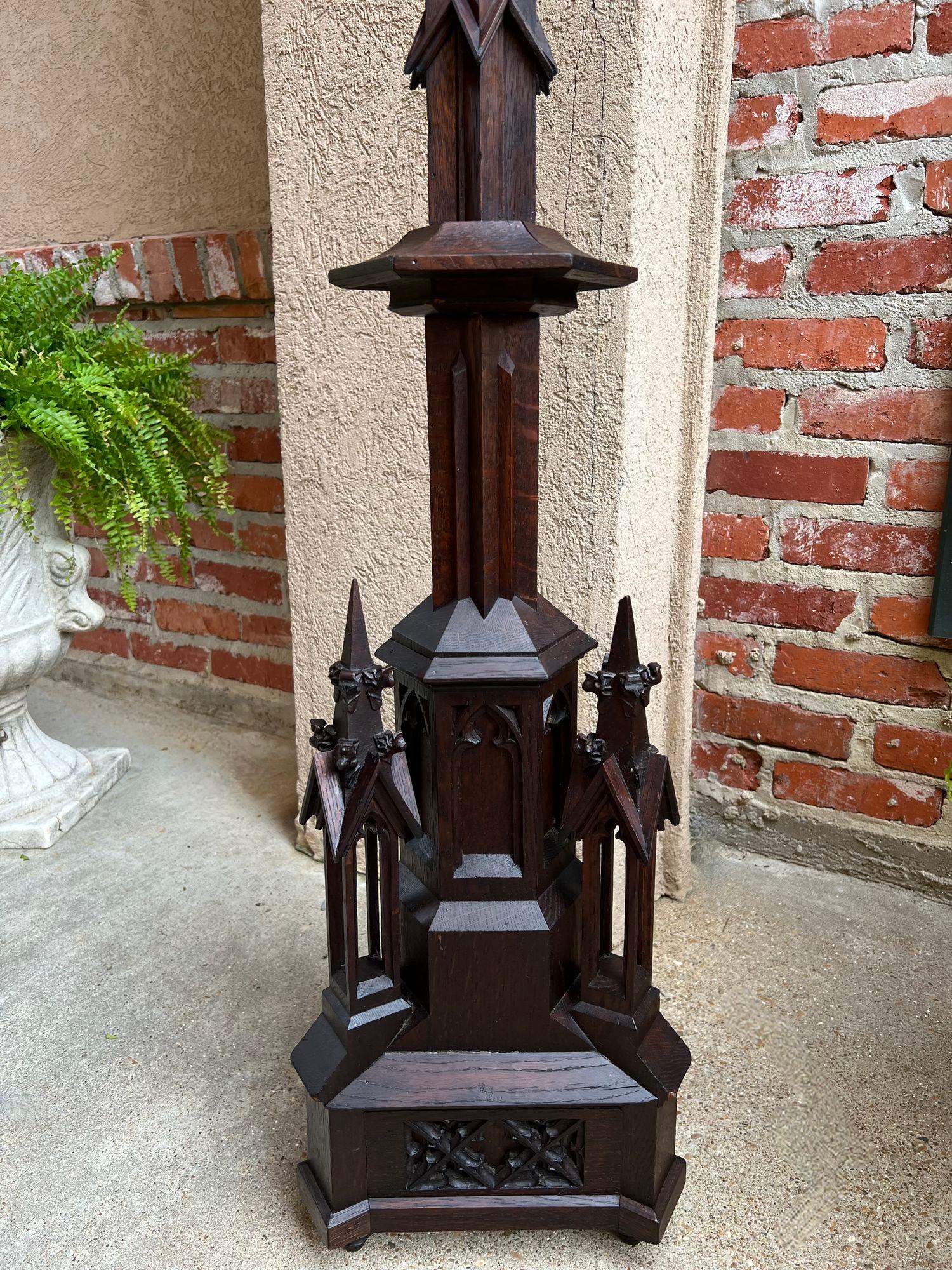 Antique French Gothic Revival Cathedral Spire Candlestick Pricket Carved Oak For Sale 9