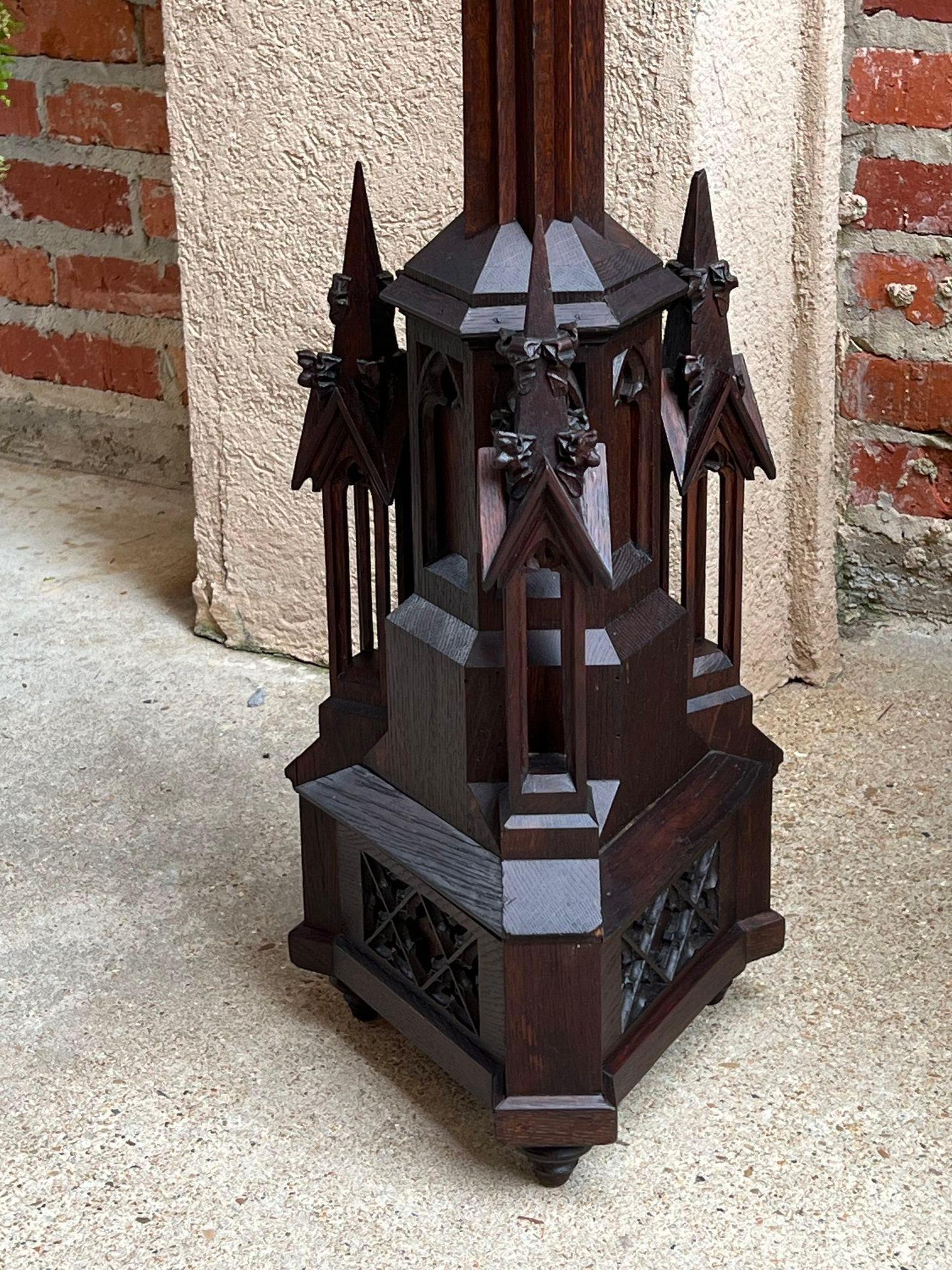 Antique French Gothic Revival Cathedral Spire Candlestick Pricket Carved Oak 11