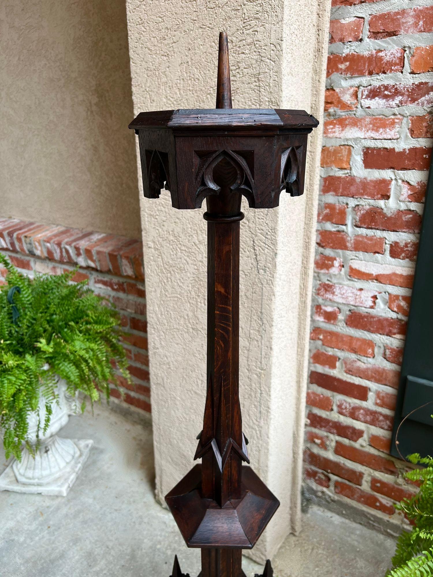 Antique French Gothic Revival Cathedral Spire Candlestick Pricket Carved Oak For Sale 12