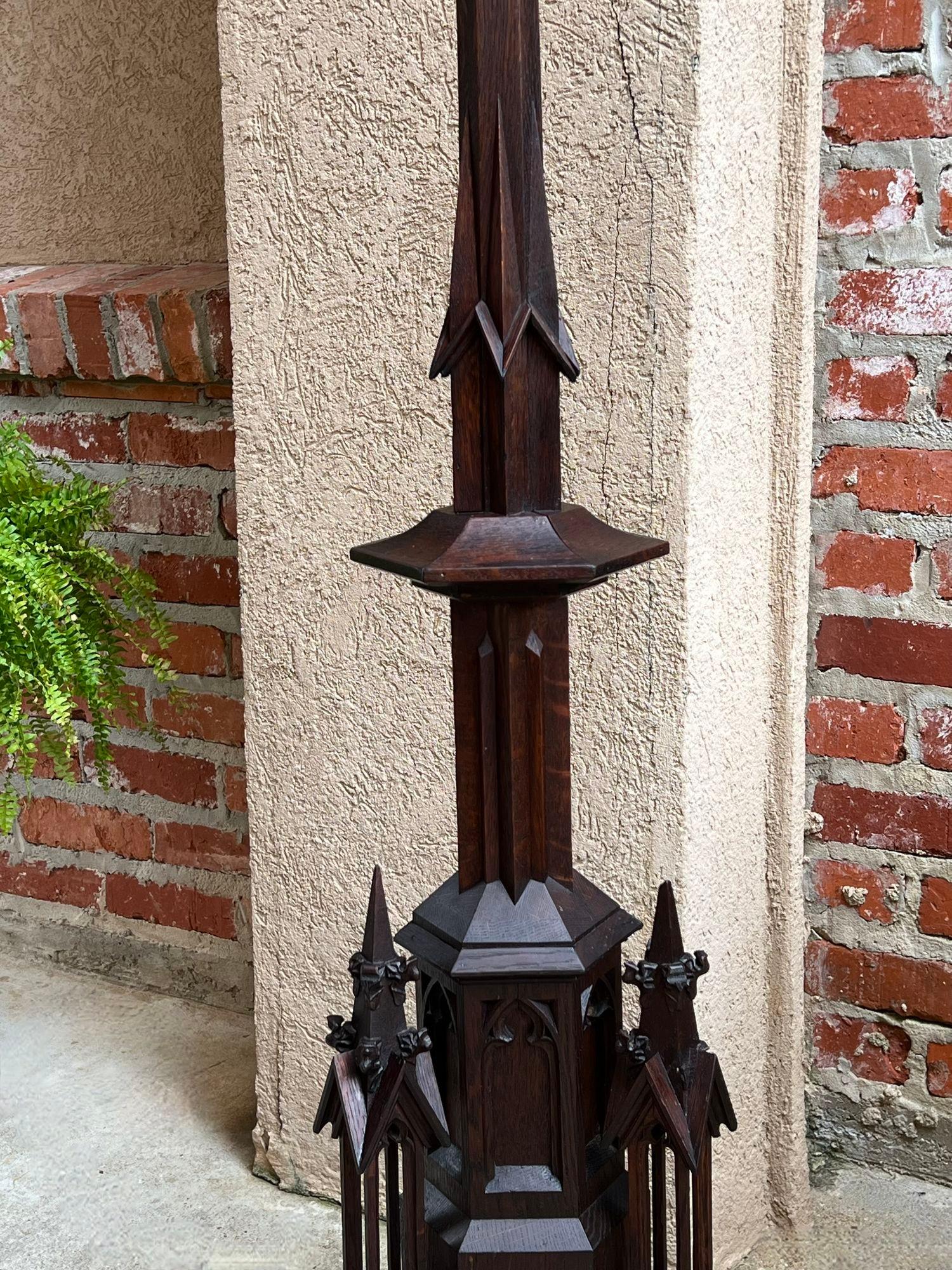 Antique French Gothic Revival Cathedral Spire Candlestick Pricket Carved Oak For Sale 13