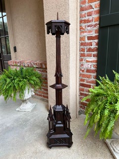 Antique French Gothic Revival Cathedral Spire Candlestick Pricket Carved Oak