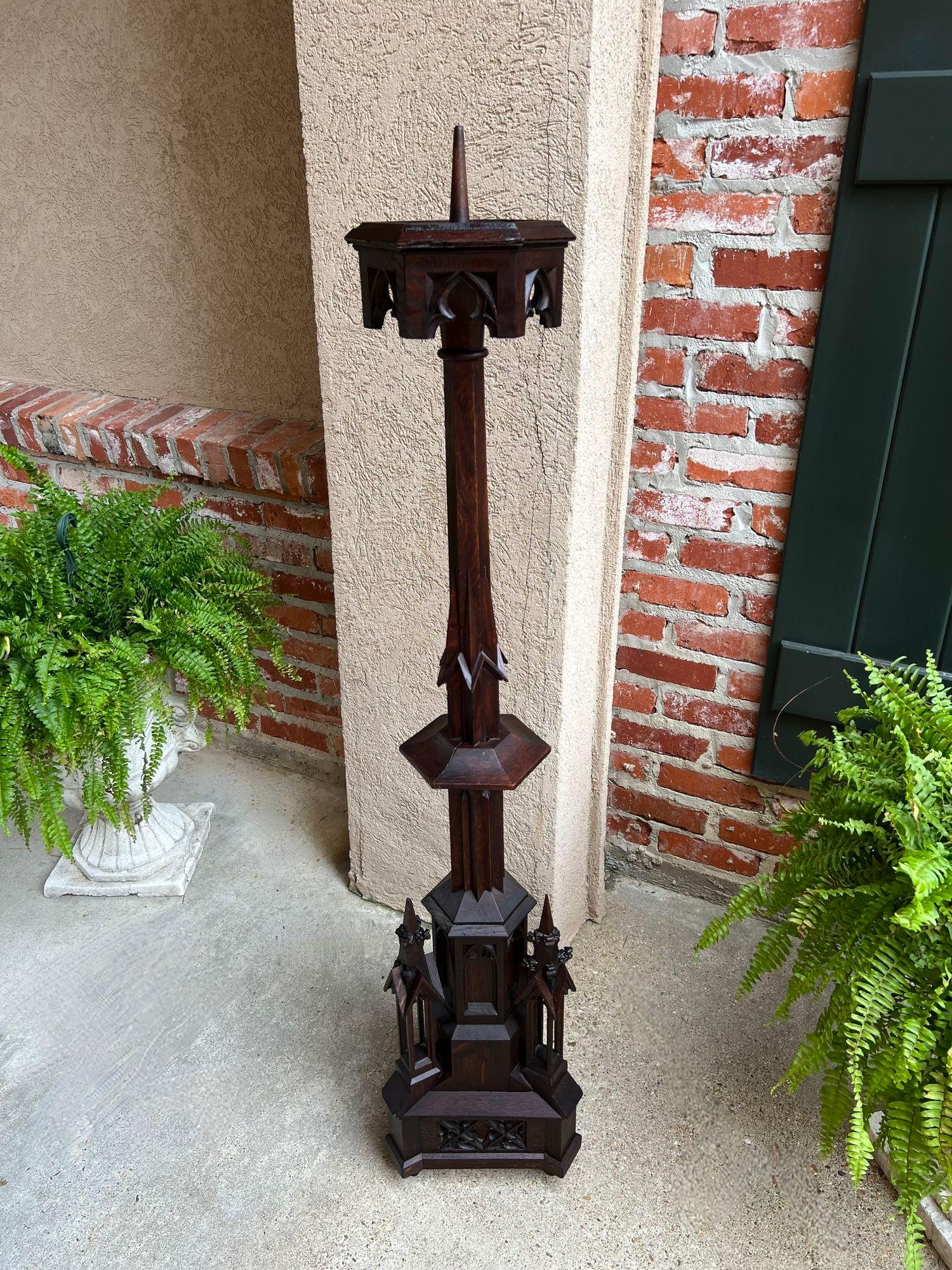 Hand-Carved Antique French Gothic Revival Cathedral Spire Candlestick Pricket Carved Oak For Sale