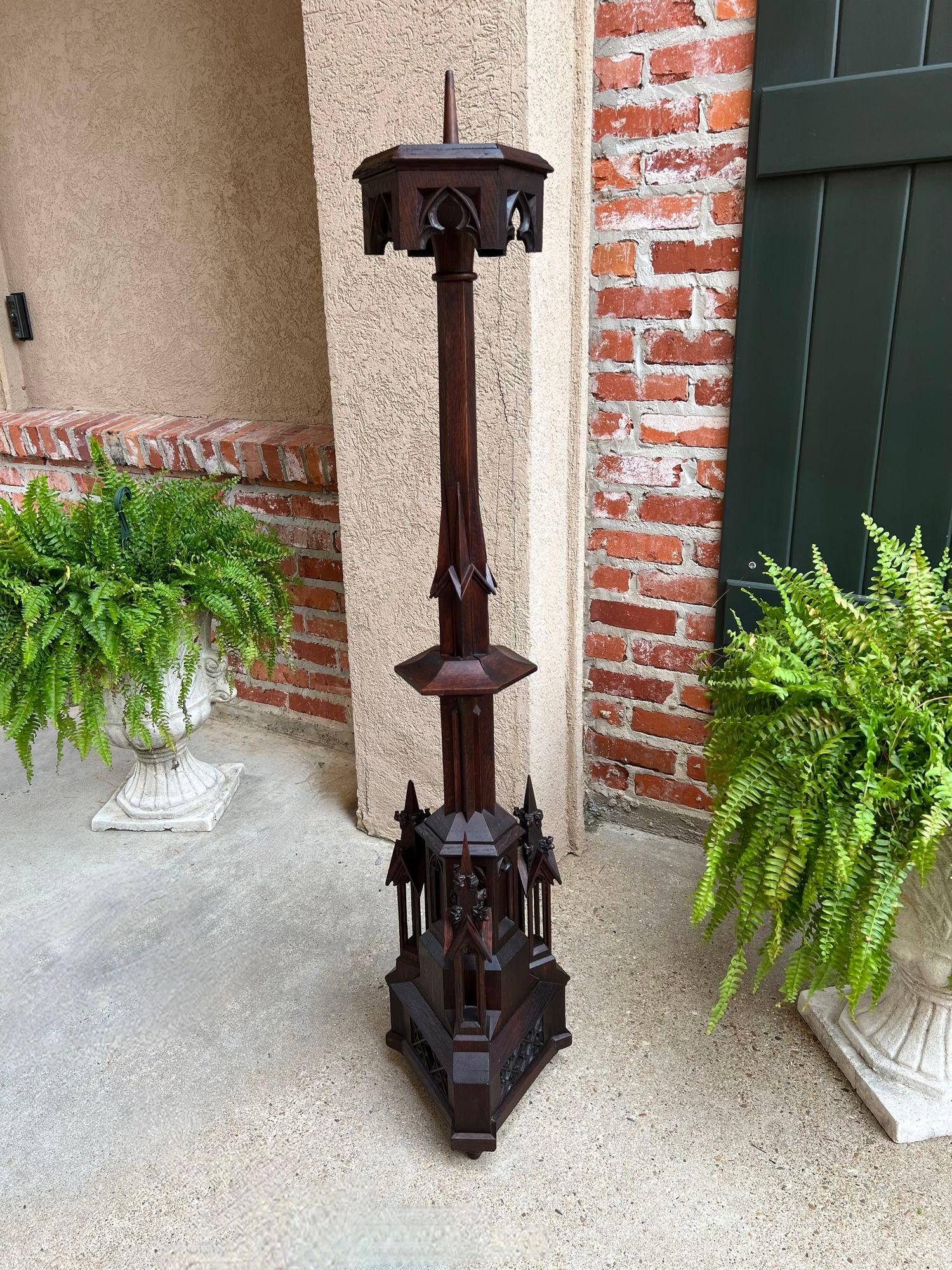 19th Century Antique French Gothic Revival Cathedral Spire Candlestick Pricket Carved Oak For Sale
