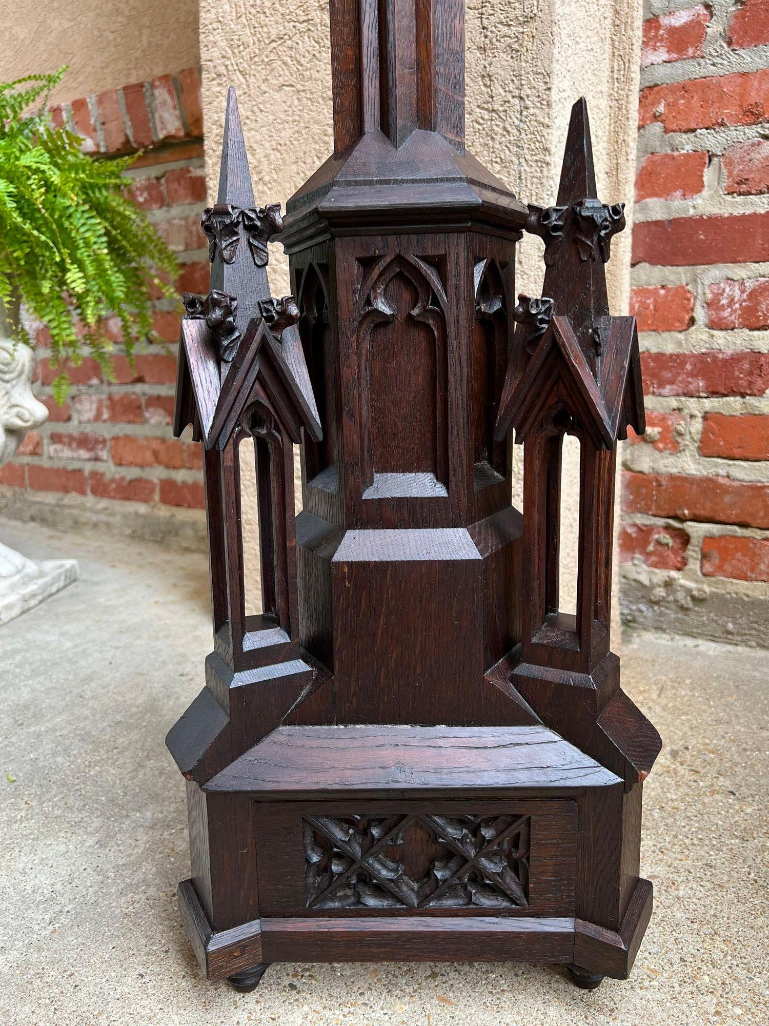 Antique French Gothic Revival Cathedral Spire Candlestick Pricket Carved Oak 1