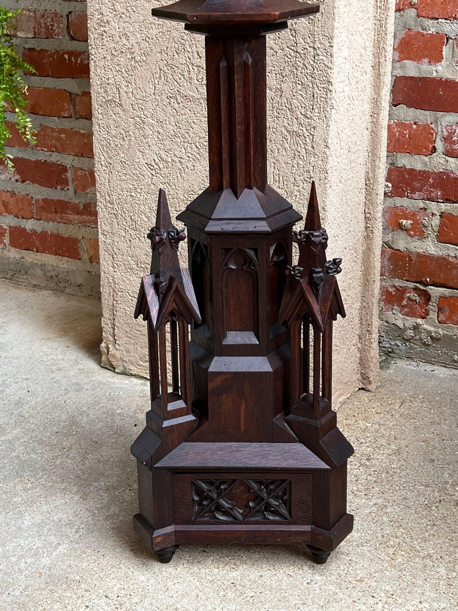 Antique French Gothic Revival Cathedral Spire Candlestick Pricket Carved Oak 2