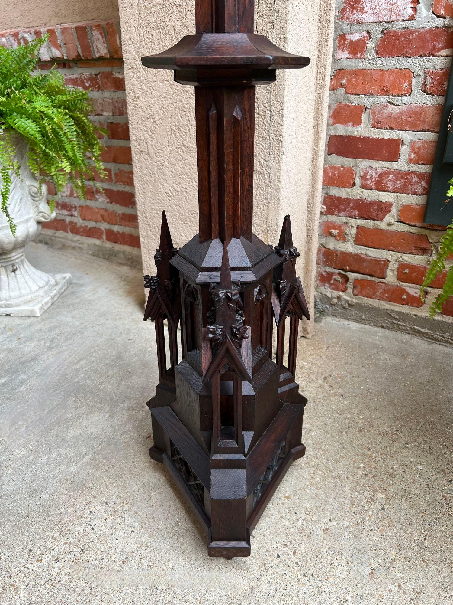 Antique French Gothic Revival Cathedral Spire Candlestick Pricket Carved Oak For Sale 3