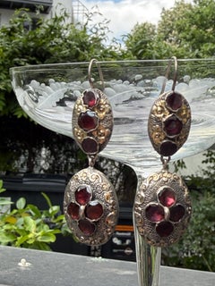 Antique French Gothic Revival Dangle Earrings Garnets Silver Gilt