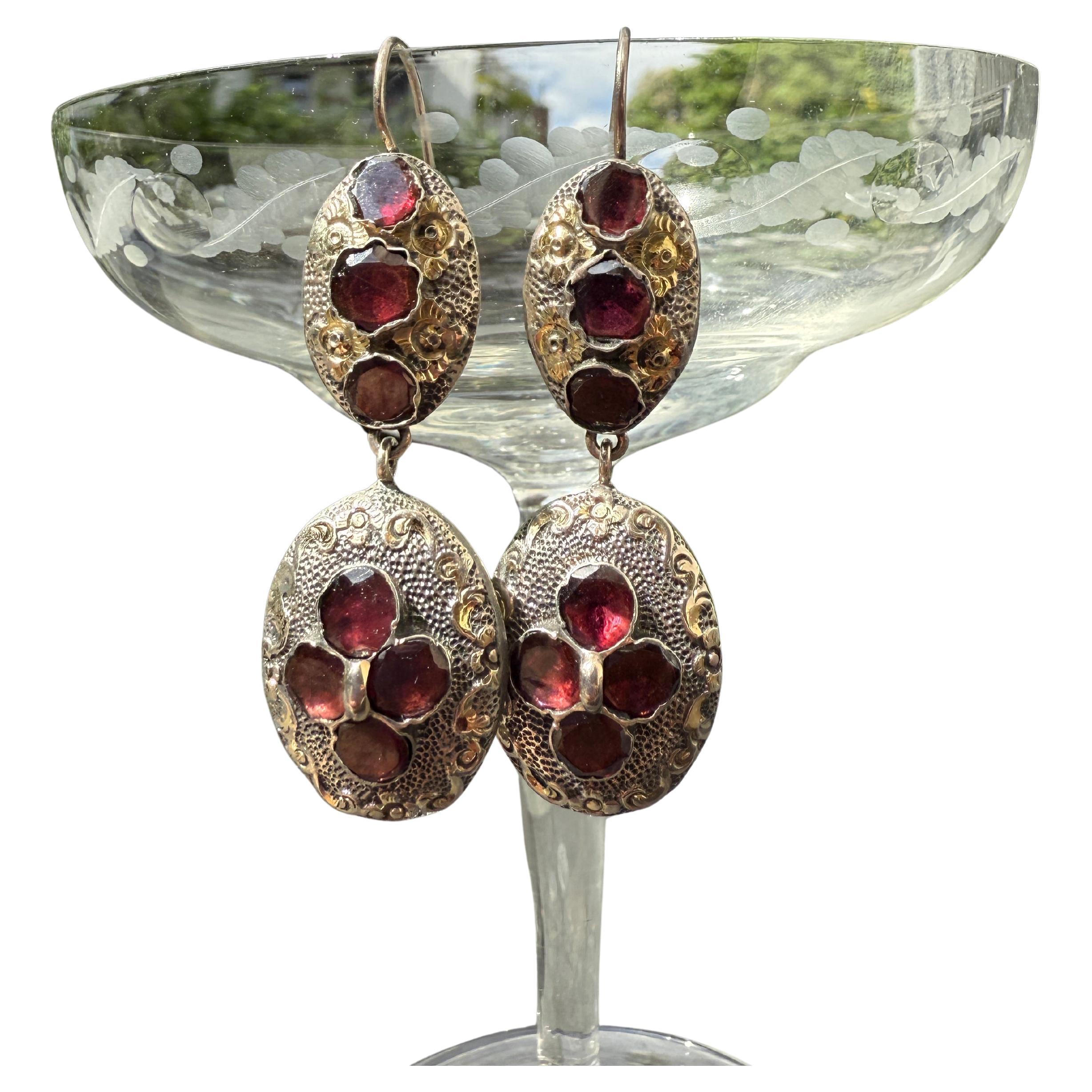 Antique French Gothic Revival Dangle Earrings Garnets Silver Gilt
