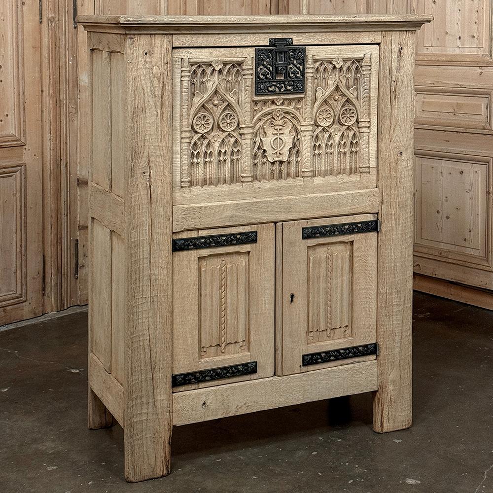 Antique French Gothic Revival Dry Bar ~ Raised Cabinet in Stripped Oak combines extraordinarily sturdy architecture with geometrically-inspired carved detail inspired by the Gothic style with origins in the 12th century!  The design includes sturdy
