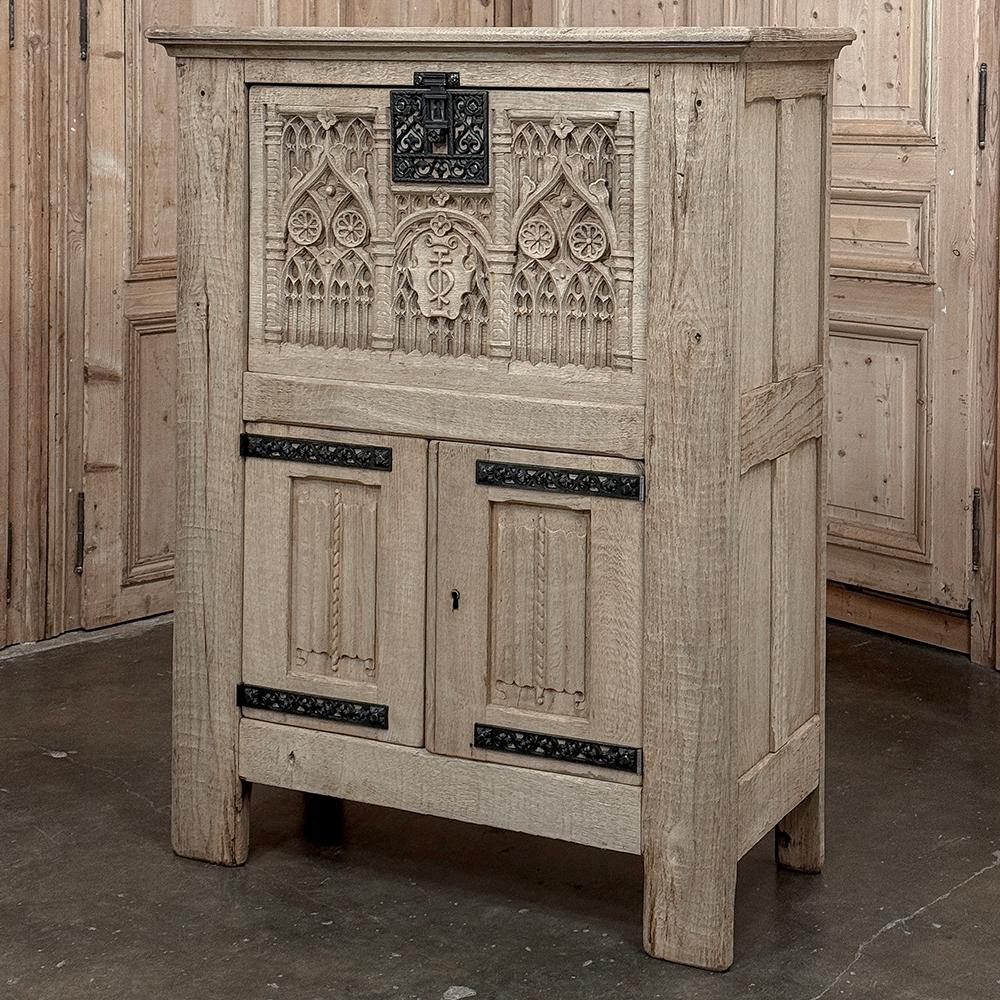 Hand-Carved Antique French Gothic Revival Dry Bar ~ Raised Cabinet in Stripped Oak For Sale