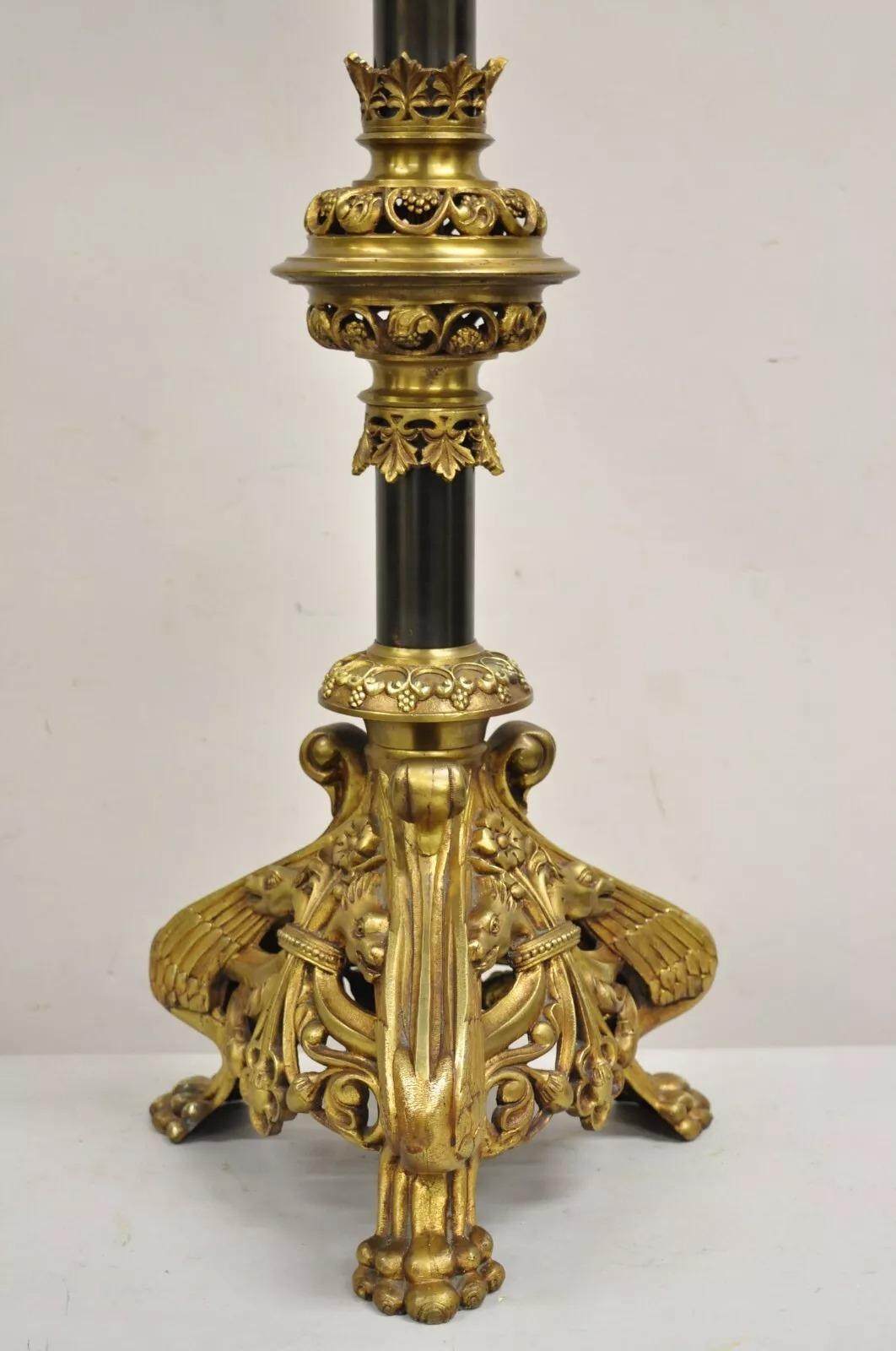 Antique French Gothic Revival Figural Bronze Candlestick Table Lamp by Leandri For Sale 6