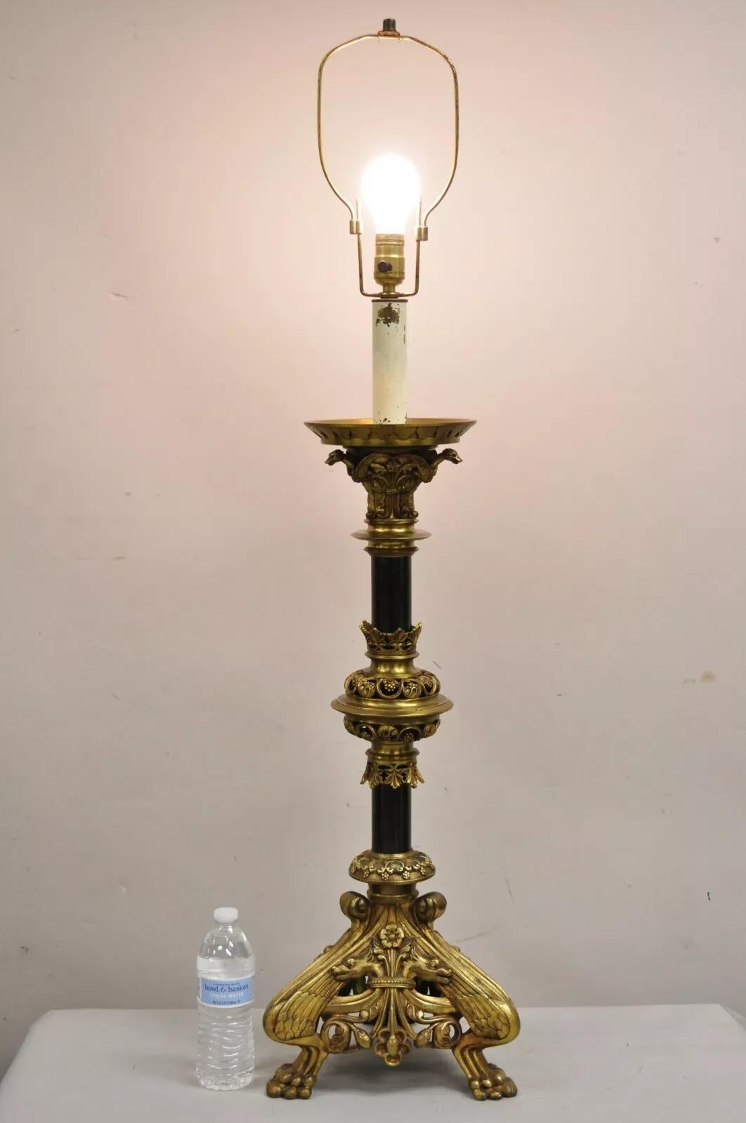Unknown Antique French Gothic Revival Figural Bronze Candlestick Table Lamp by Leandri For Sale
