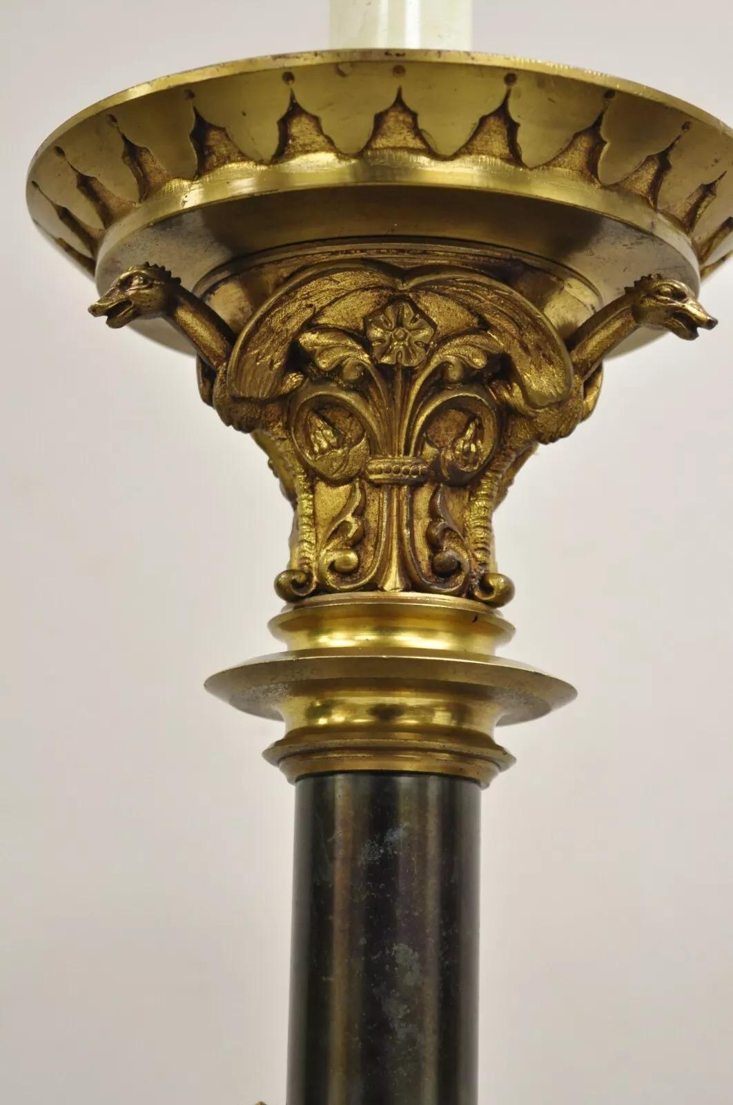 Antique French Gothic Revival Figural Bronze Candlestick Table Lamp by Leandri In Good Condition For Sale In Philadelphia, PA