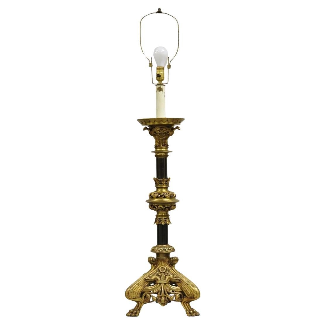 Antique French Gothic Revival Figural Bronze Candlestick Table Lamp by Leandri For Sale