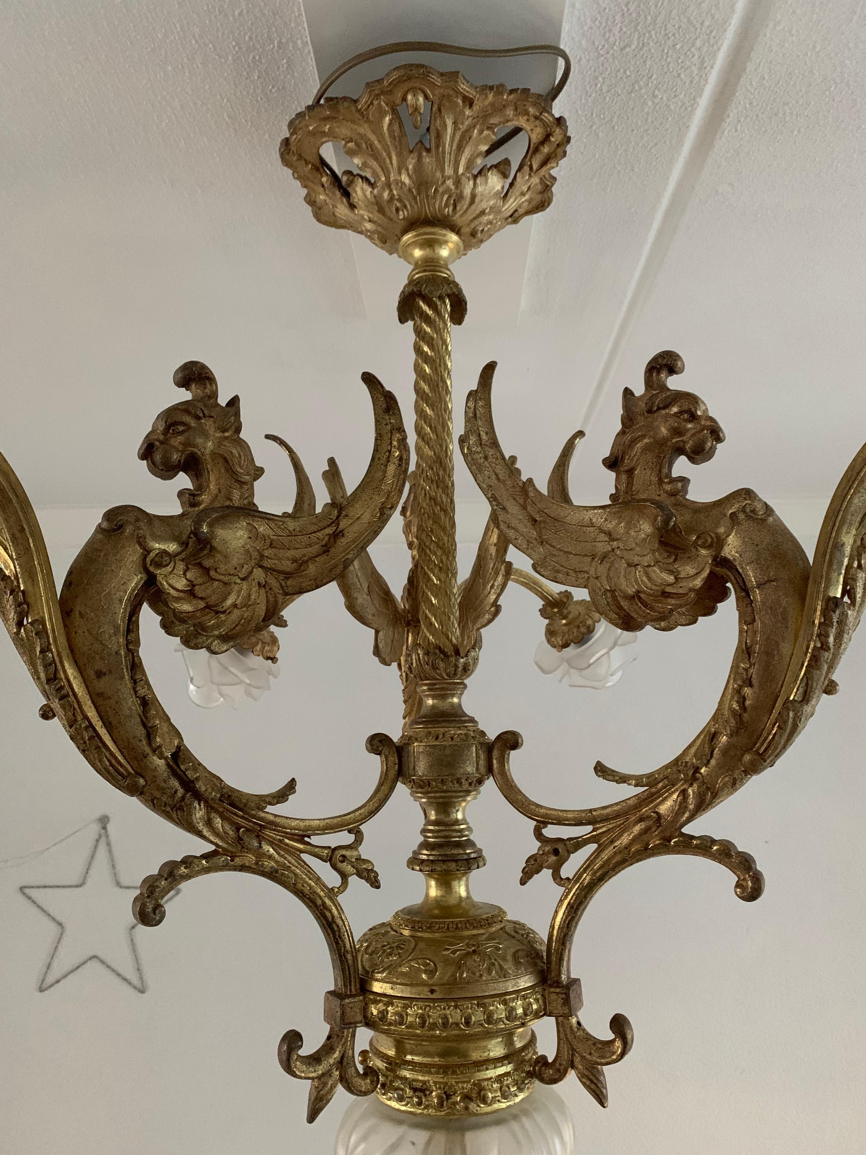 Majestic French Gothic Revival Gilt Bronze Chandelier, Winged Griffin Sculptures 5