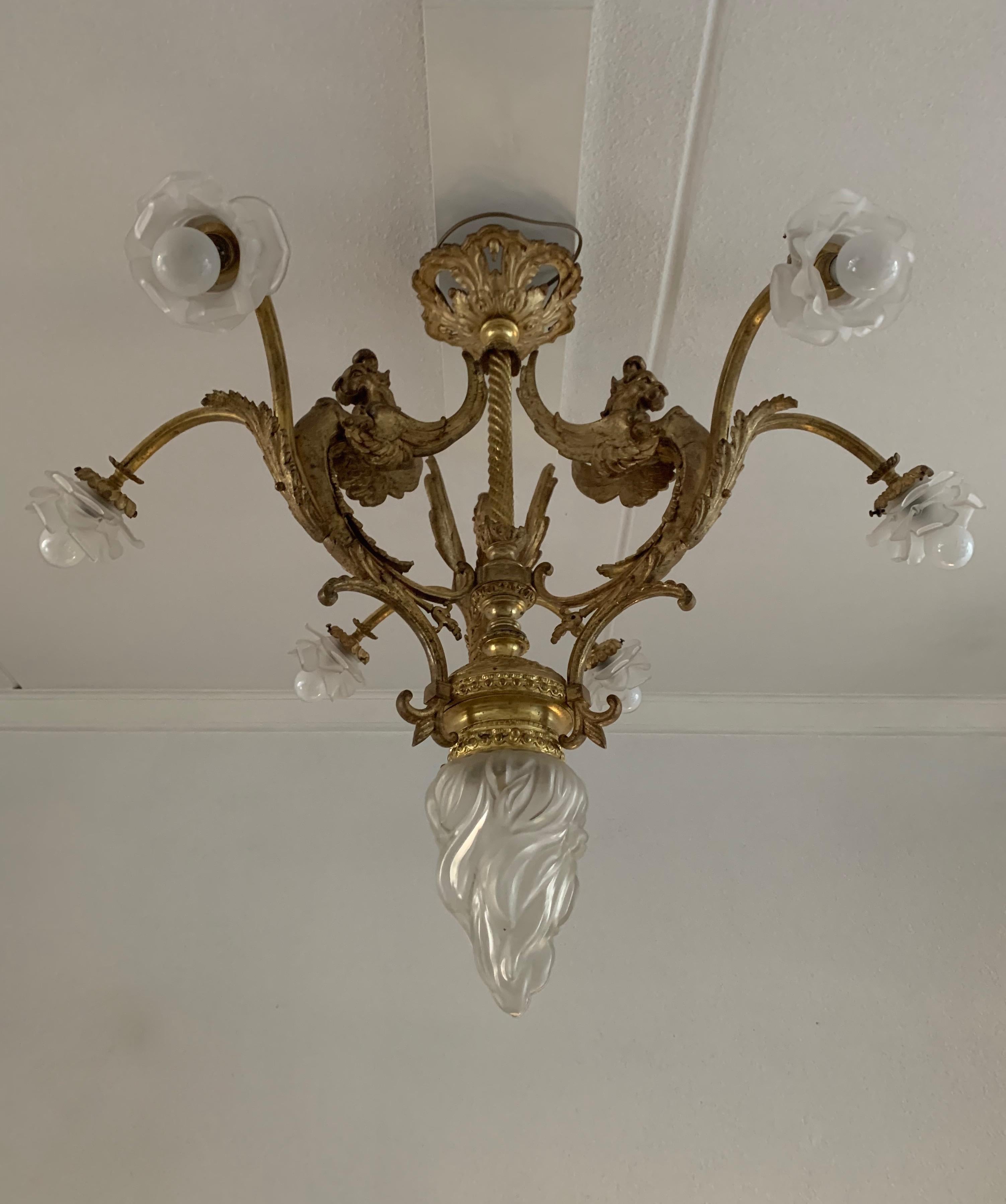 Majestic French Gothic Revival Gilt Bronze Chandelier, Winged Griffin Sculptures 8