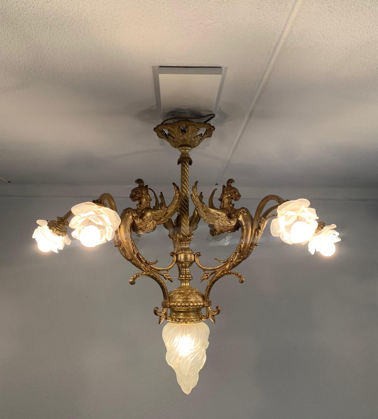 Majestic French Gothic Revival Gilt Bronze Chandelier, Winged Griffin