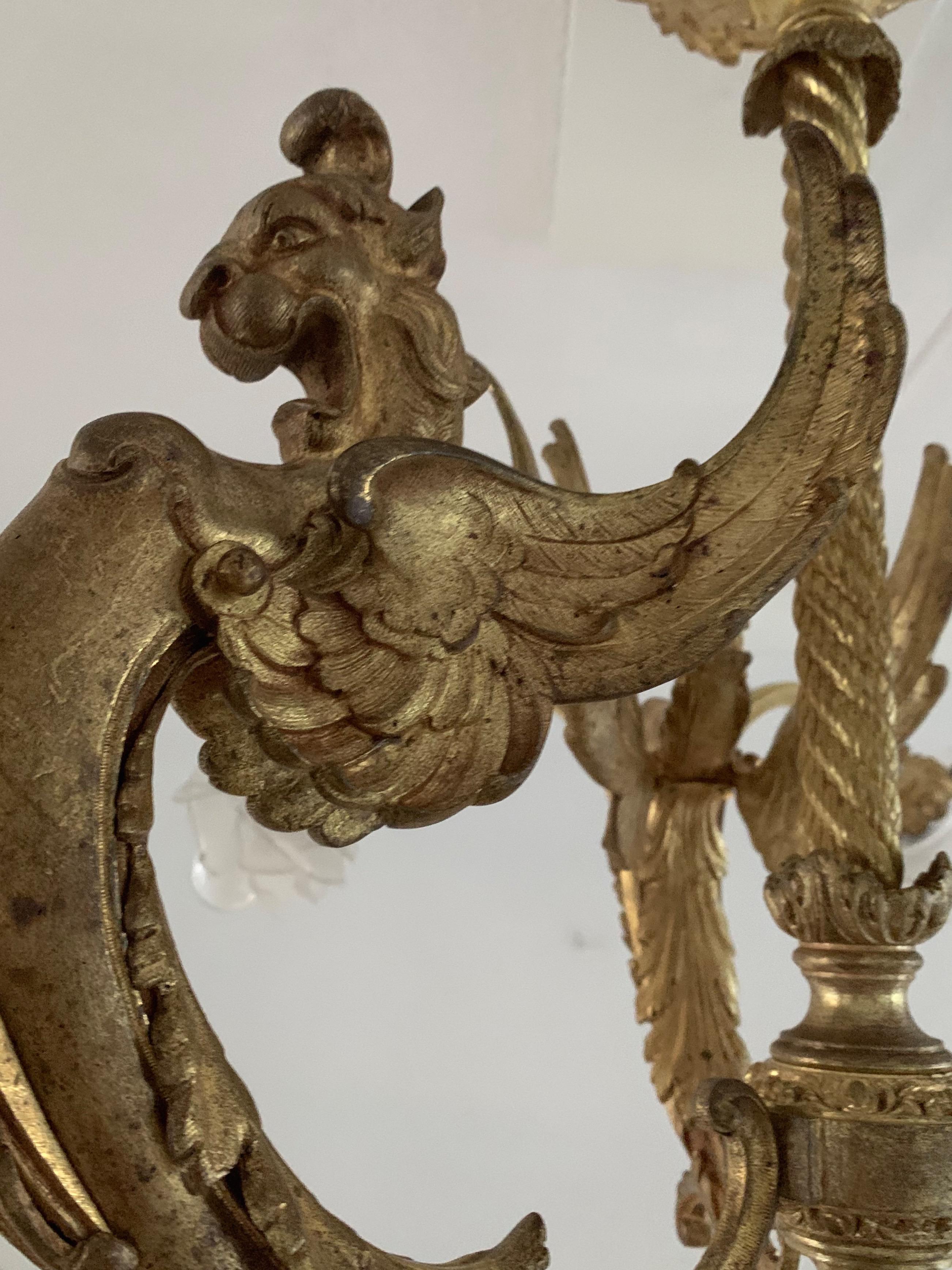 Majestic French Gothic Revival Gilt Bronze Chandelier, Winged Griffin Sculptures 10