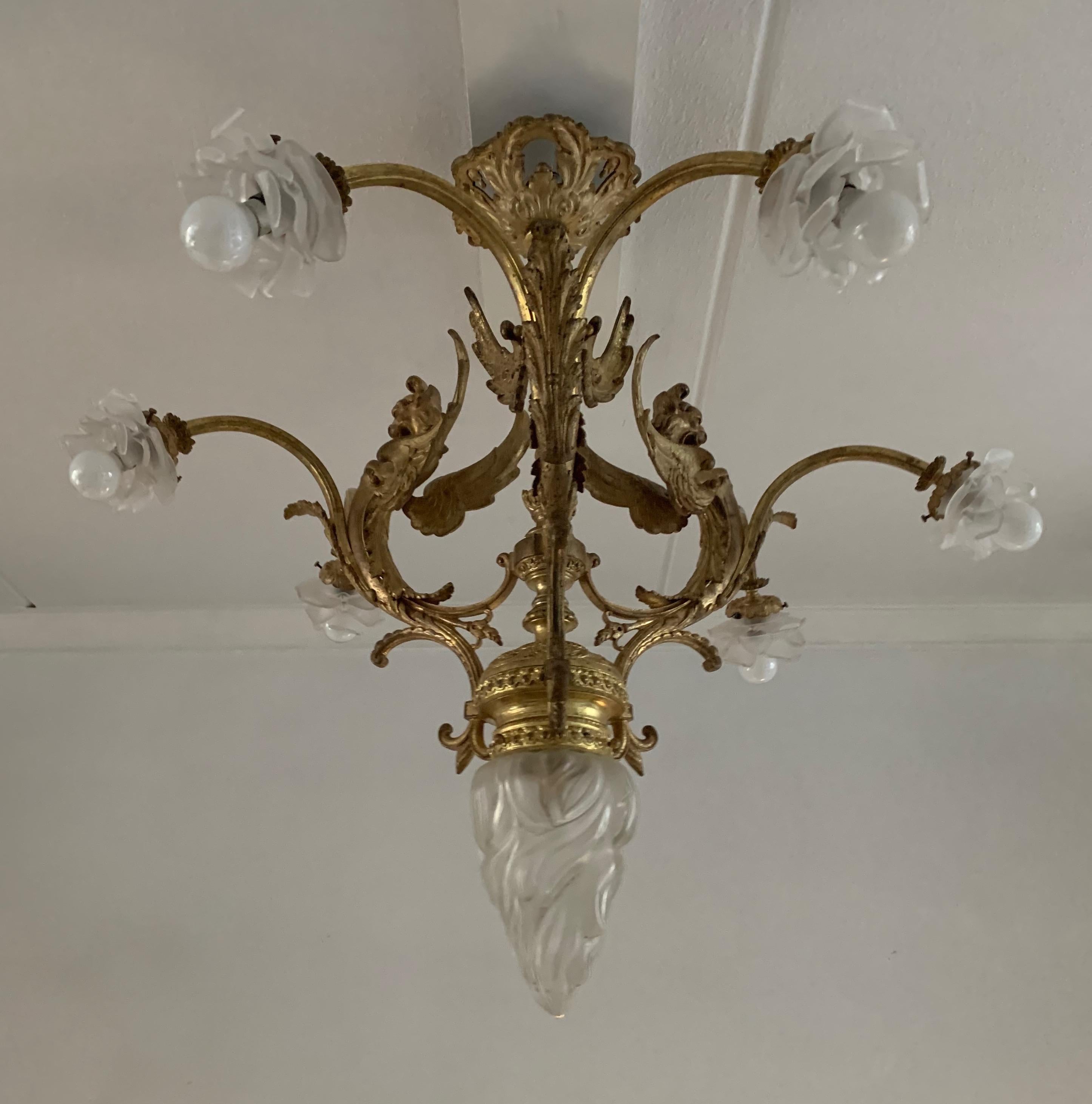 Majestic French Gothic Revival Gilt Bronze Chandelier, Winged Griffin Sculptures 12