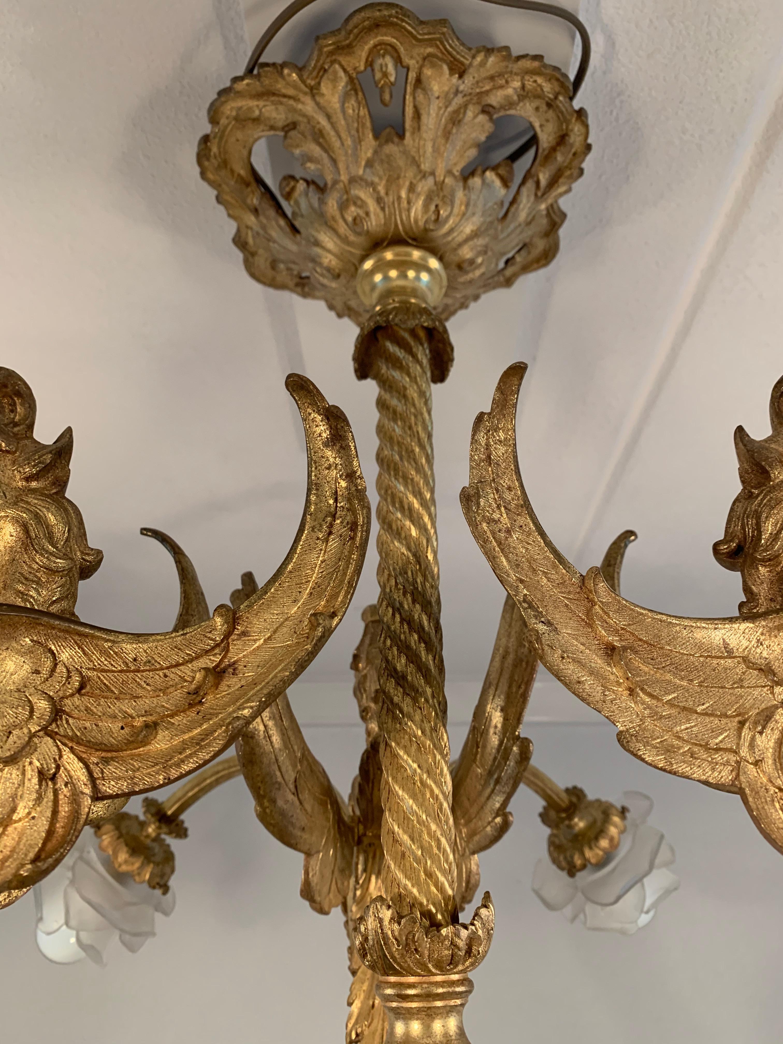 19th Century Majestic French Gothic Revival Gilt Bronze Chandelier, Winged Griffin Sculptures