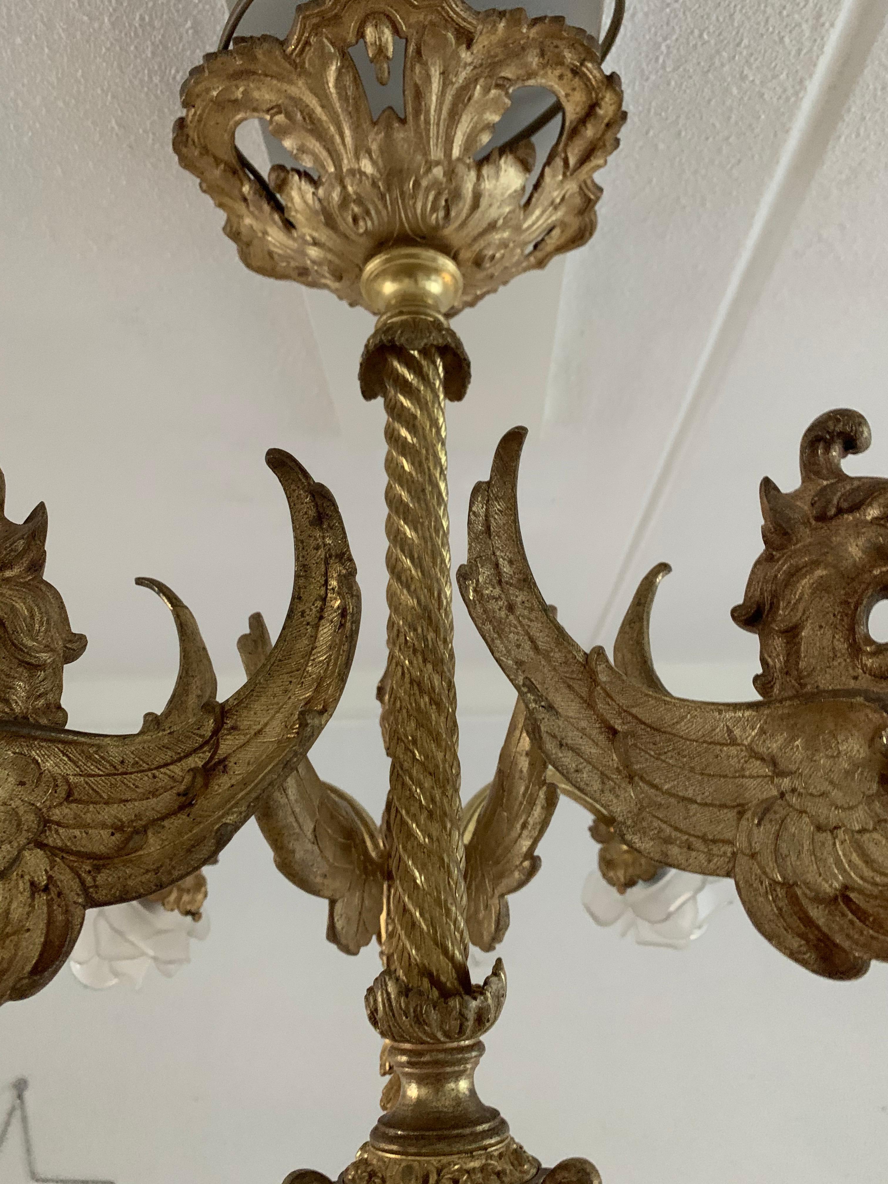 Majestic French Gothic Revival Gilt Bronze Chandelier, Winged Griffin Sculptures 1