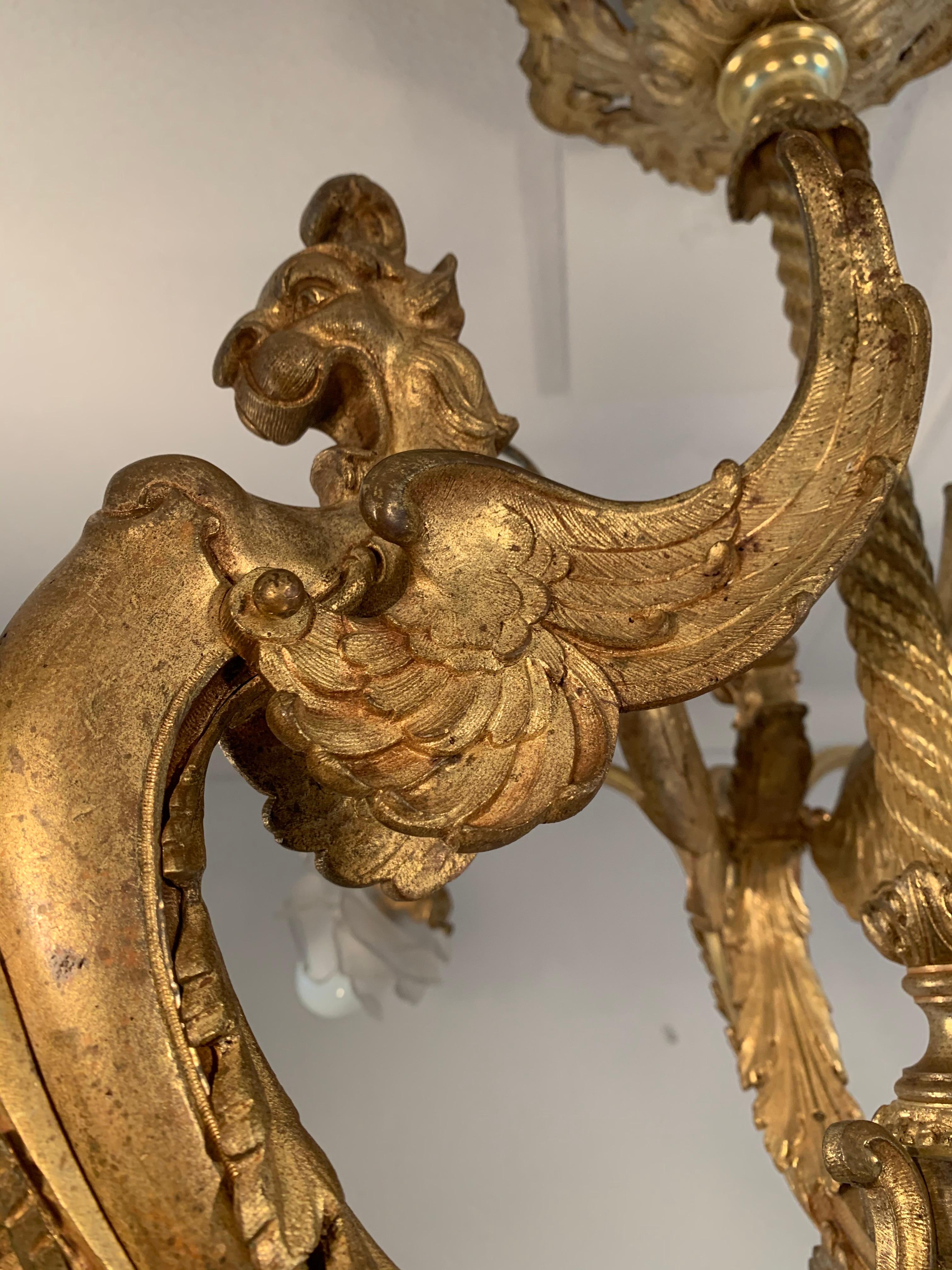 Majestic French Gothic Revival Gilt Bronze Chandelier, Winged Griffin Sculptures 2