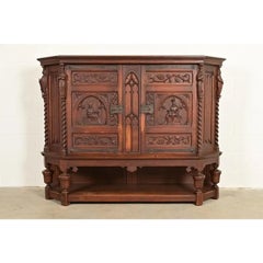 Antique French Gothic Revival Oak Bar Cabinet With Carved Figures, Circa 1890s