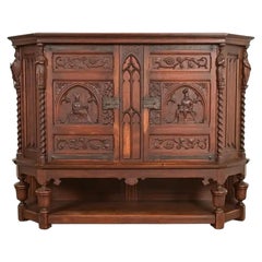 Antique French Gothic Revival Oak Bar Cabinet With Carved Figures, Circa 1890s