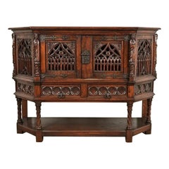 Antique French Gothic Revival Oak Bar Cabinet With Carved Figures, Circa 1890s