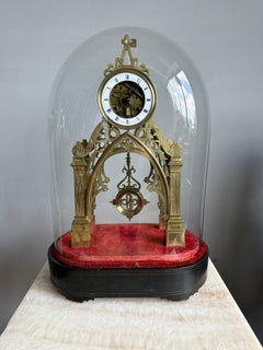 Antique French Gothic Revival Skeleton Clock by J. Silvani, Paris, w. Glass Dome