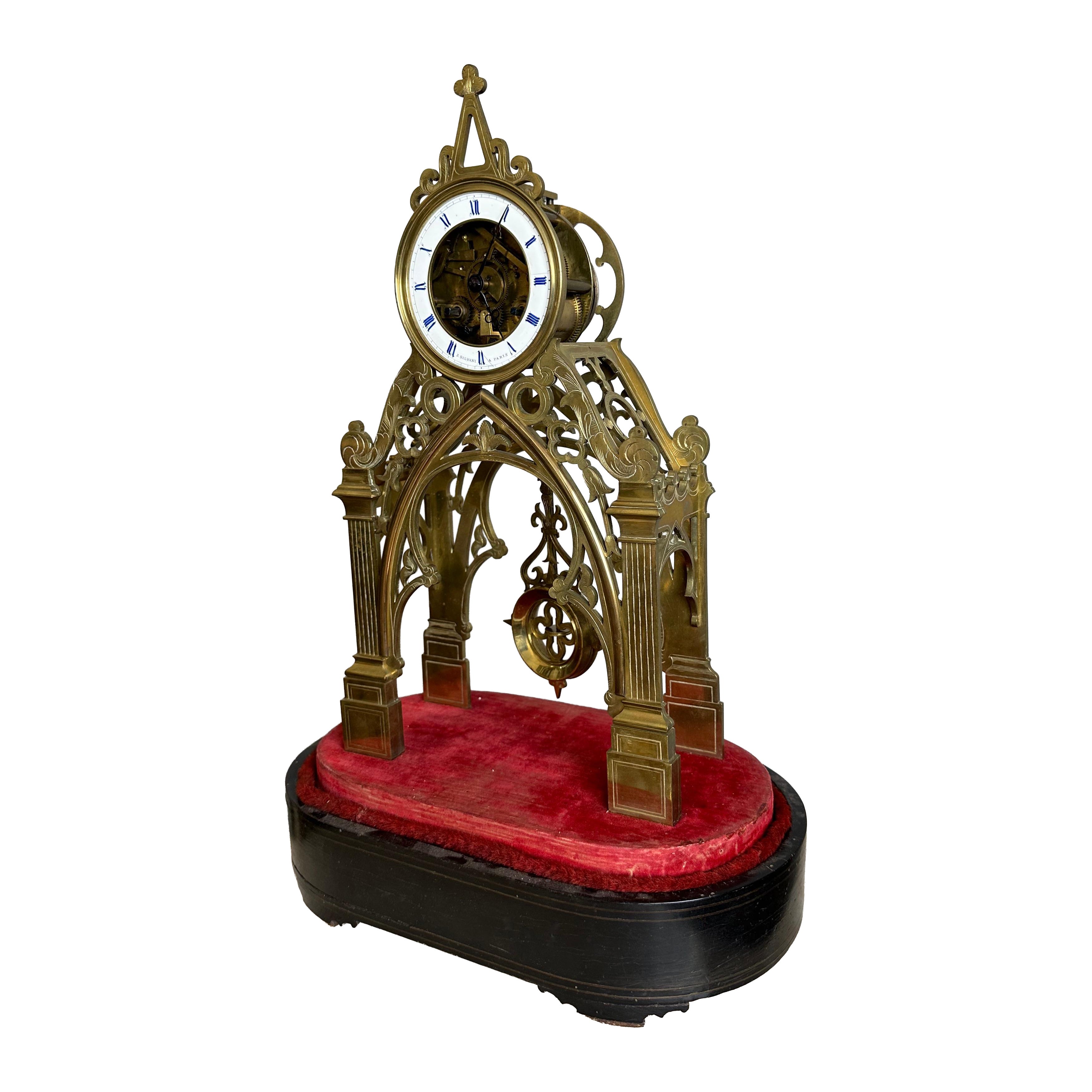 Antique French Gothic Revival Skeleton Clock by J. Silvani, Paris, w. Glass Dome