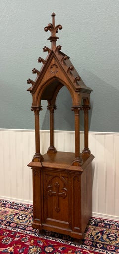 Antique French Gothic Revival Statuary Niche Cabinet Pedestal Altar Oak Late 19C