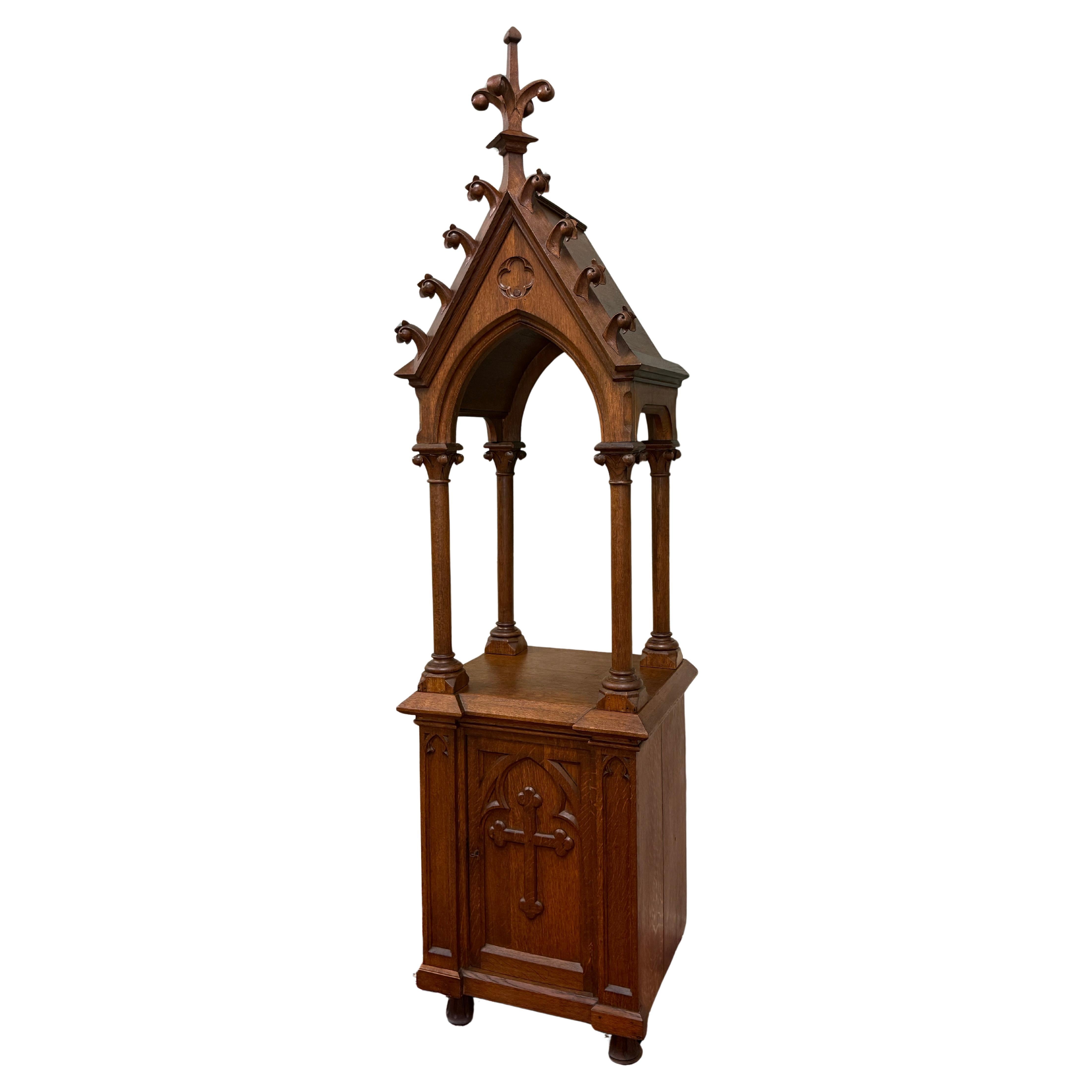 Antique French Gothic Revival Statuary Niche Cabinet Pedestal Altar Oak Late 19C