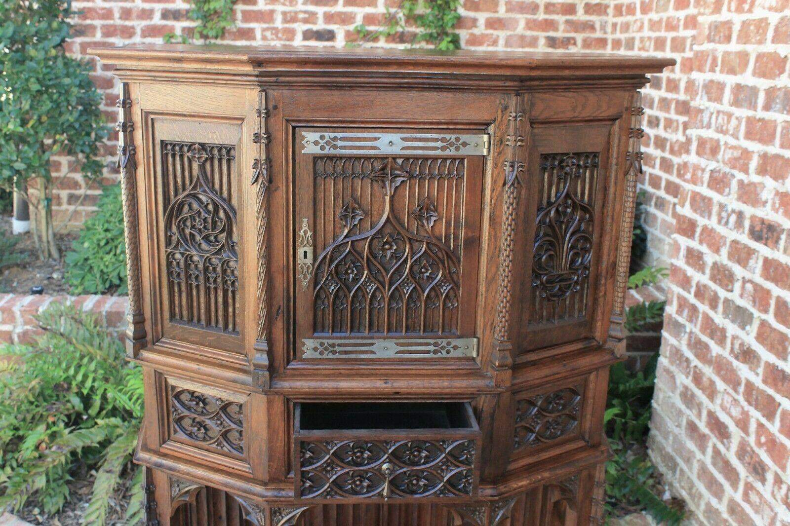 Antique French Gothic Sacristy Vestry Altar Wine Cabinet Bar Catholic Carved Oak For Sale 6