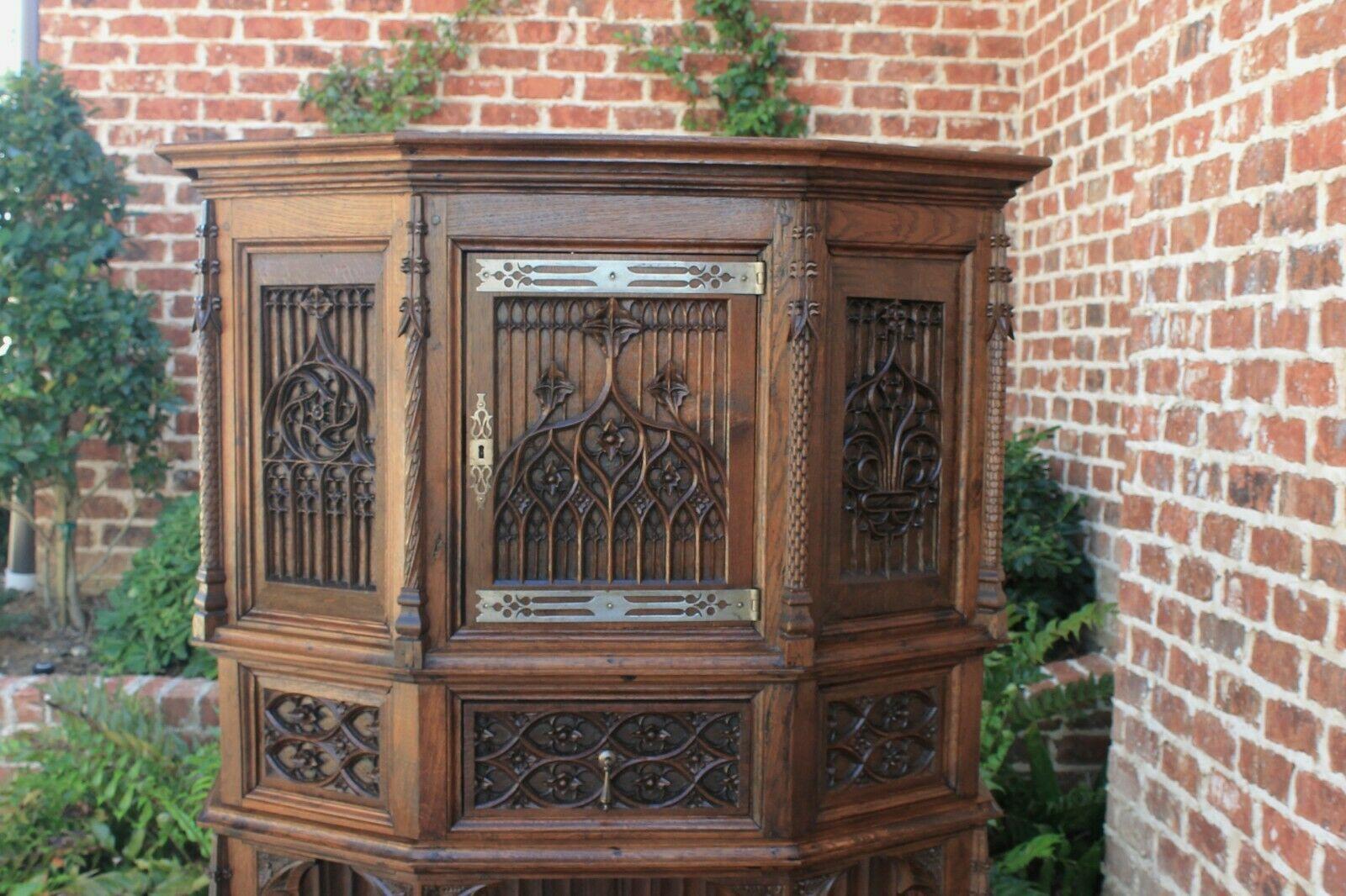 Gothic Revival Antique French Gothic Sacristy Vestry Altar Wine Cabinet Bar Catholic Carved Oak For Sale