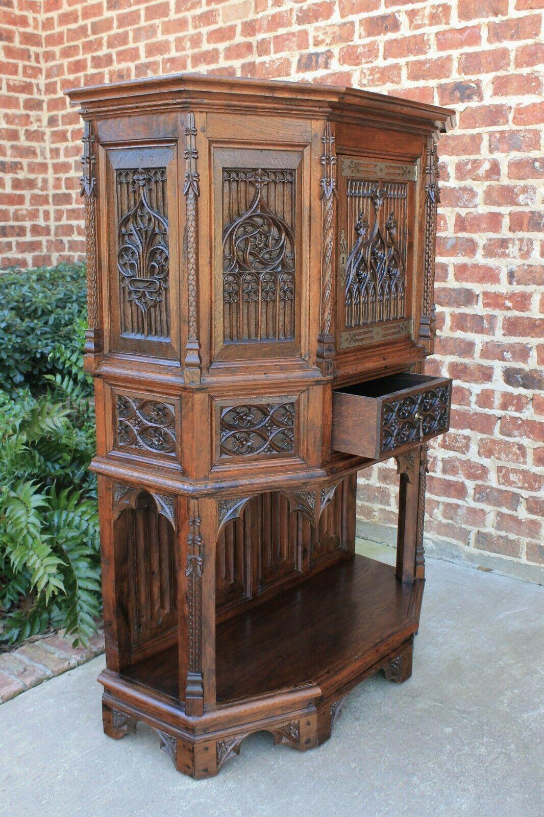 Late 19th Century Antique French Gothic Sacristy Vestry Altar Wine Cabinet Bar Catholic Carved Oak For Sale