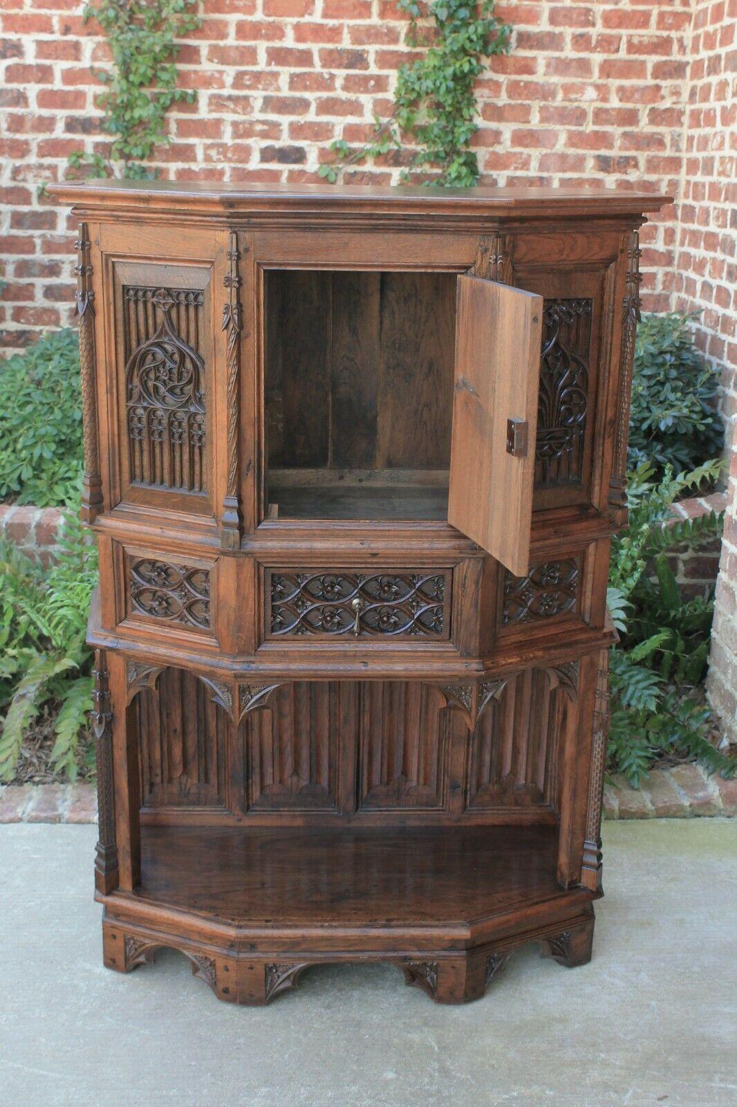 Antique French Gothic Sacristy Vestry Altar Wine Cabinet Bar Catholic Carved Oak For Sale 1