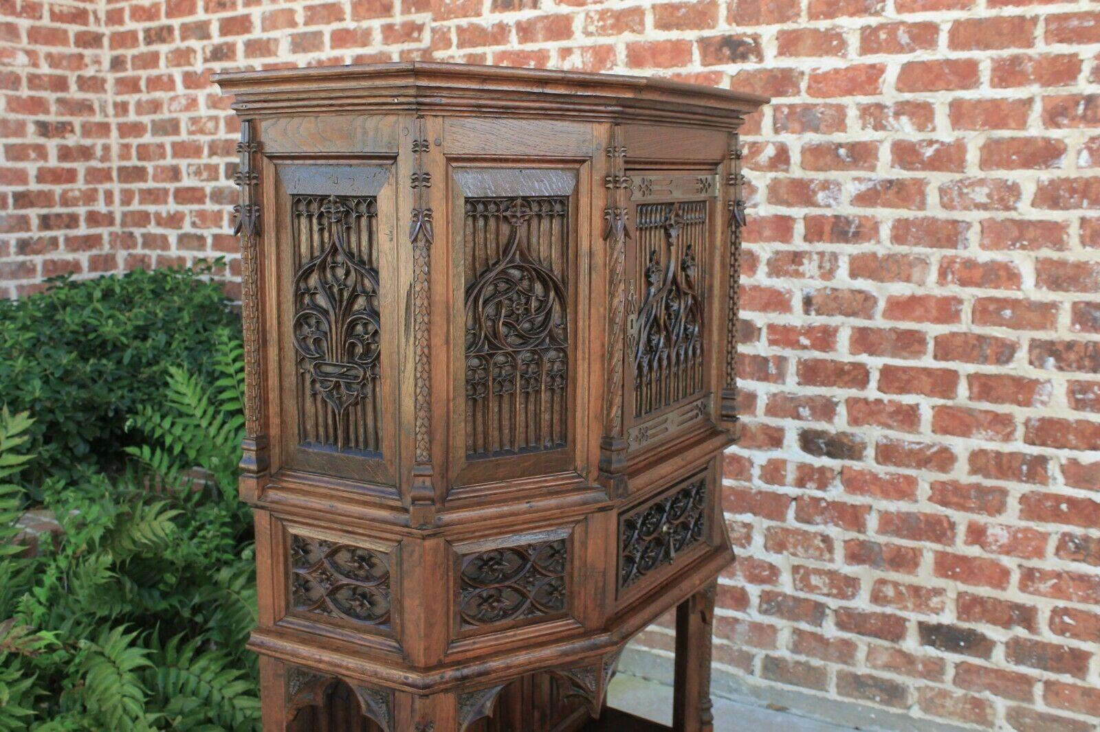 Antique French Gothic Sacristy Vestry Altar Wine Cabinet Bar Catholic Carved Oak For Sale 2